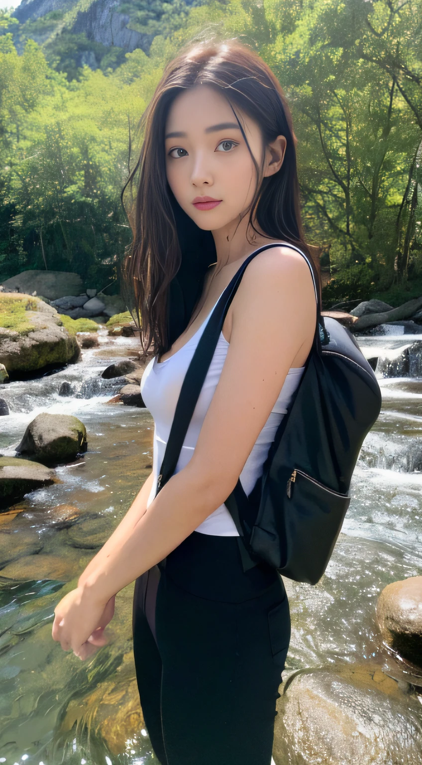 (natta, Need, 8K, tmasterpiece:1.3)), full bodyesbian, Long legs, Focalors:1.2, perfect figure beautiful woman:1.4, Slim abs:1.1, ((Dark brown hair, large tities:1.2 )), (Manteau,Crossbody backpack,Side head:1.2,), ((mountain water,small stream,:1.3)), Highly detailed facial and skin texture, A detailed eye, 二重まぶた,Flying long hair,fully body photo,POSS,