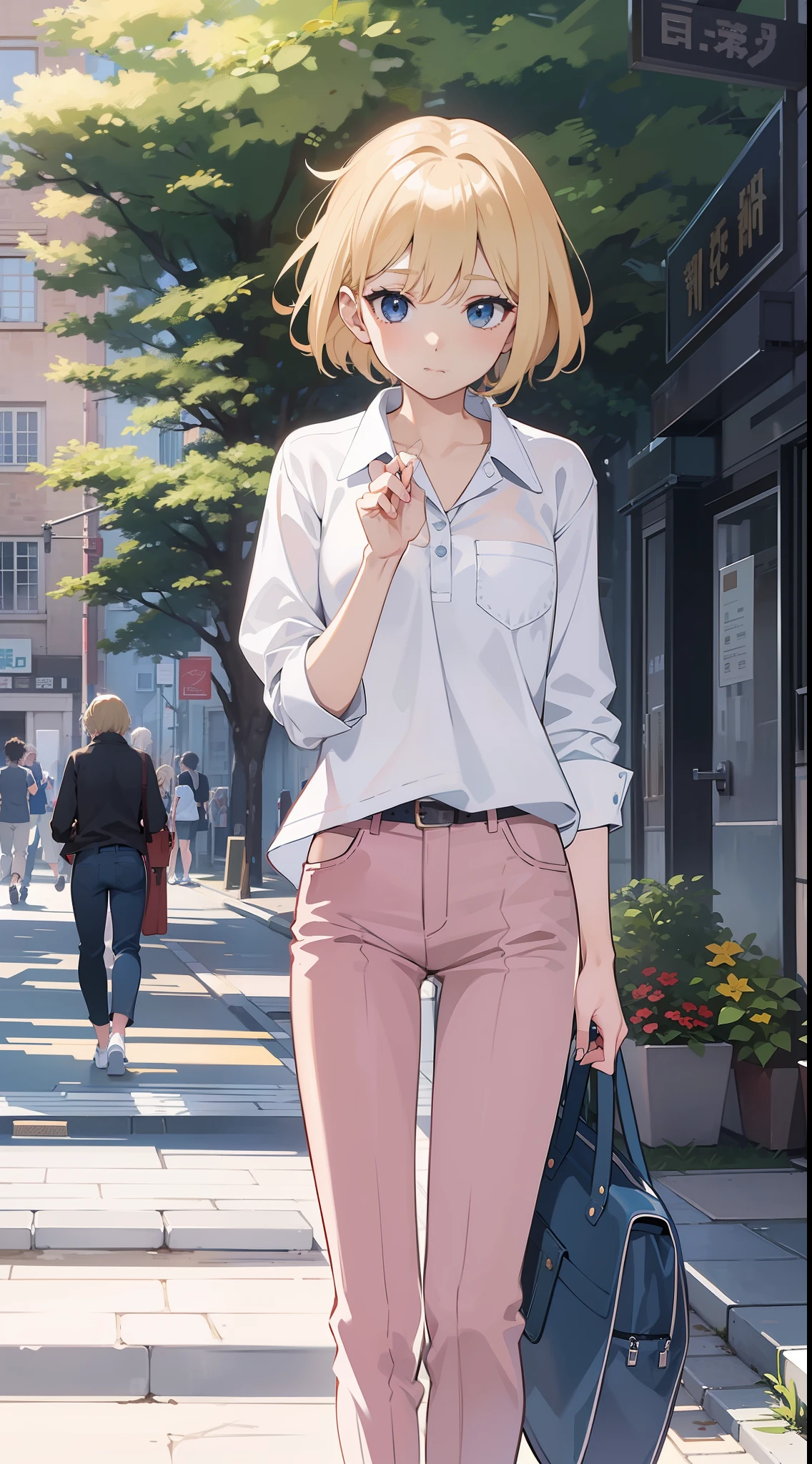 Become a woman。Blonde short-haired woman。Wearing a white polo shirt and dark blue pants、I'm on the street of the building。It is an anime-style illustration。Beautiful with the best image quality