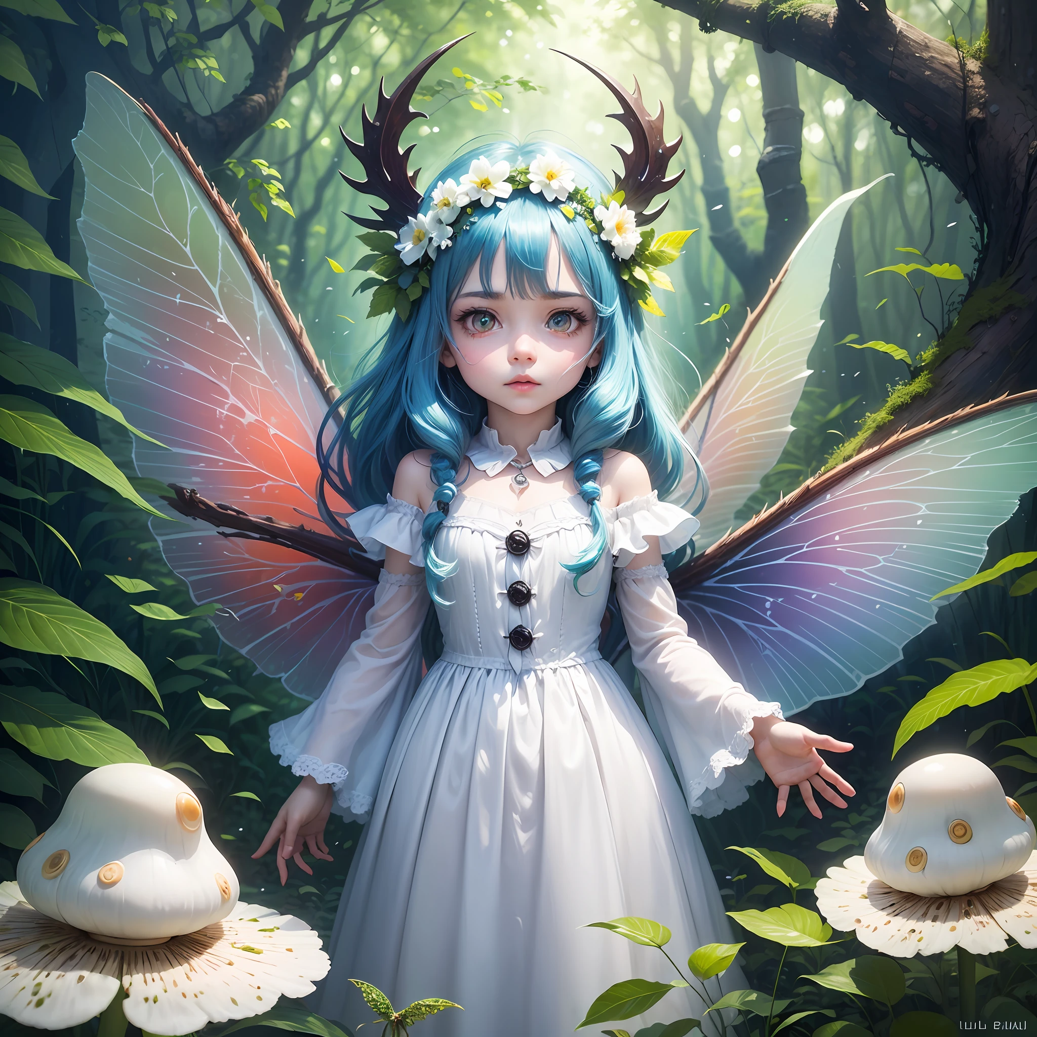 mostly blue and green colors, light red eyes, flying white fairies, fairies has long white dresses, a big magical forest, mushrooms, dark forest, wings, little lizard creatures, a river, little child who is looking at fairies --auto --s2