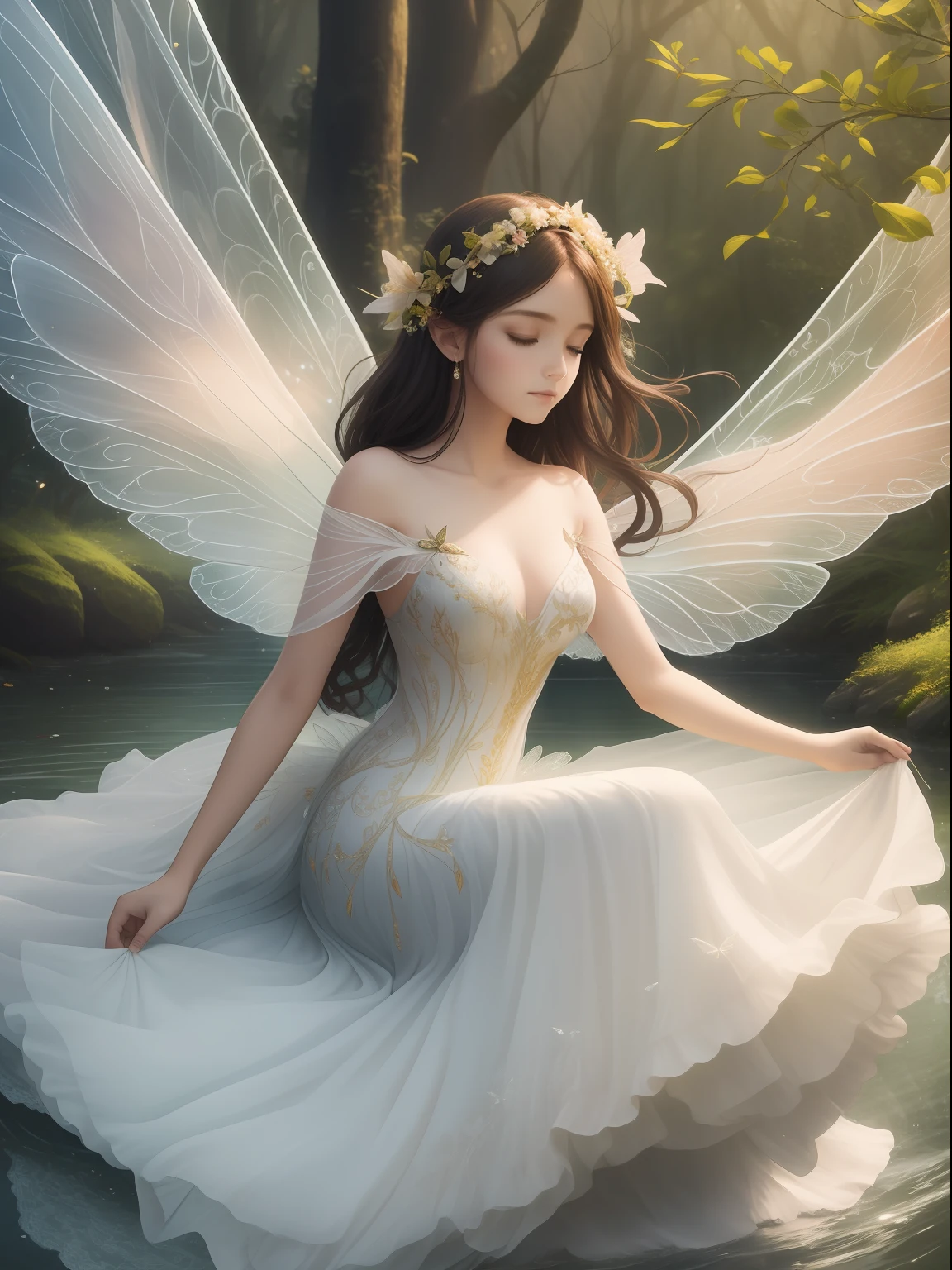 A whimsical, enchanting image of a vibrant, ethereal fairy perched on a delicate, leafy branch, their wings beating against the breeze. The fairy is wearing a white dress, intricate patterns and delicate, flowing furs adorn her body. A soft, dappled light illuminates her form, casting a warm, ethereal glow on the scene. In the background, a gently rippling, flowing river provides a mesmerizing contrast to the dreamy, otherworldly beauty of the fairy. fast shutter speed, soft lighting, f/2.8 aperture