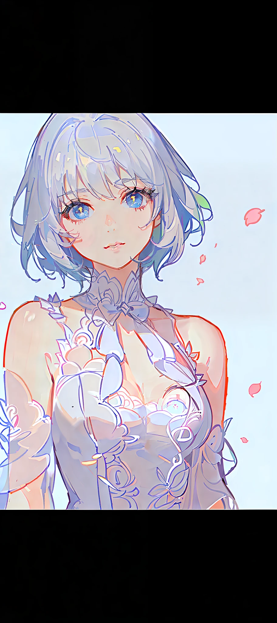 A masterpiece of excellence in 8K，Anime female，Cool wind realistic portrait，sister，Silver-white woman with short hair, Light pink lips, Calm and rational bangs, Golden pupils，delicated face，Ethereal，Free laziness，beautidful eyes