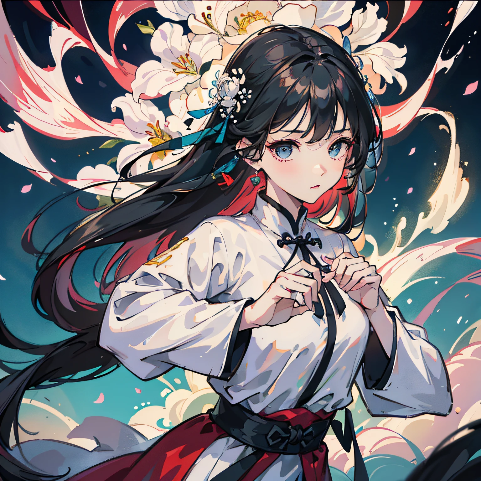 Don't baby-face,The face is longer,sideface,tmasterpiece,The color is bright,realisticlying,zhongfenghua, 1girll, 独奏, Hanfu, ancient_chinese_architecture, flower field, blossoms, (White smoke:1.3) (realisticlying:1.4), Zen entanglement, datura, entangled, offcial art, Unity 8k壁纸, ultra - detailed, Beautiful and beautiful, tmasterpiece, best qualtiy, (dynamic angle:1.4), Glowing skin, (Floating colorful flashes:1)The most beautiful form of chaos,ellegance,Fauvistdesign,vivd colour,24 years of age,Romantic depth of field exotic_dance --auto