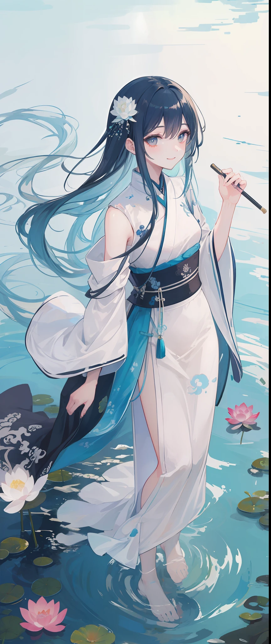 ((4k,masterpiece,best quality)), shuimobysim, traditional chinese ink painting, lotus, hanfu, maxiskit, dress conservatively 1girl, solo, long blue hair, smile, standing, feet in the water, barefoot,