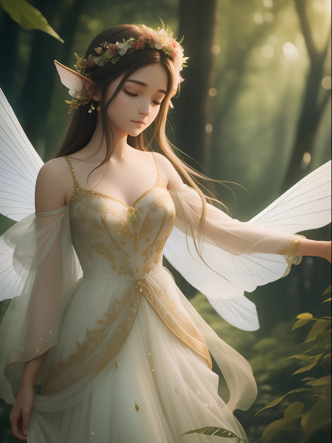 A serene image of a fantastical fairy folk with wings, hovering over a forest clearing. The fairy goddess, dressed in elegant, flowing attire, gently guides the fairy into the clearing, where they remain motionless, eyes locked upon their audience. The softly glowing wings emit a soft, ethereal light, casting a soft, ethereal glow on the scene. wide aperture, soft lighting, f/5.6 aperture