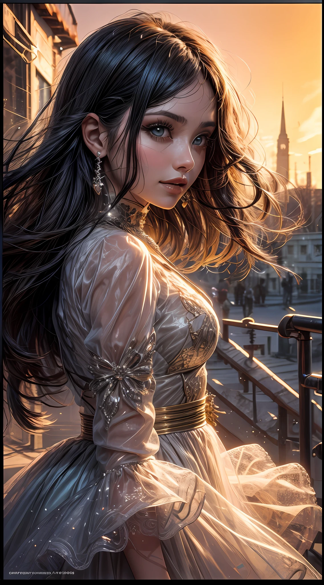 1 Garota de 18 anos, morena cabelos cacheados e curto, vestido vermelho e transparente, Bottom-up angle , banhado em tons quentes de laranja, as if illuminated by the soft glow of a sunset, seus olhos brilhando de alegria e contentamento, framed by flowing strands of hair, fotografia, fotografada com uma lente de 35mm