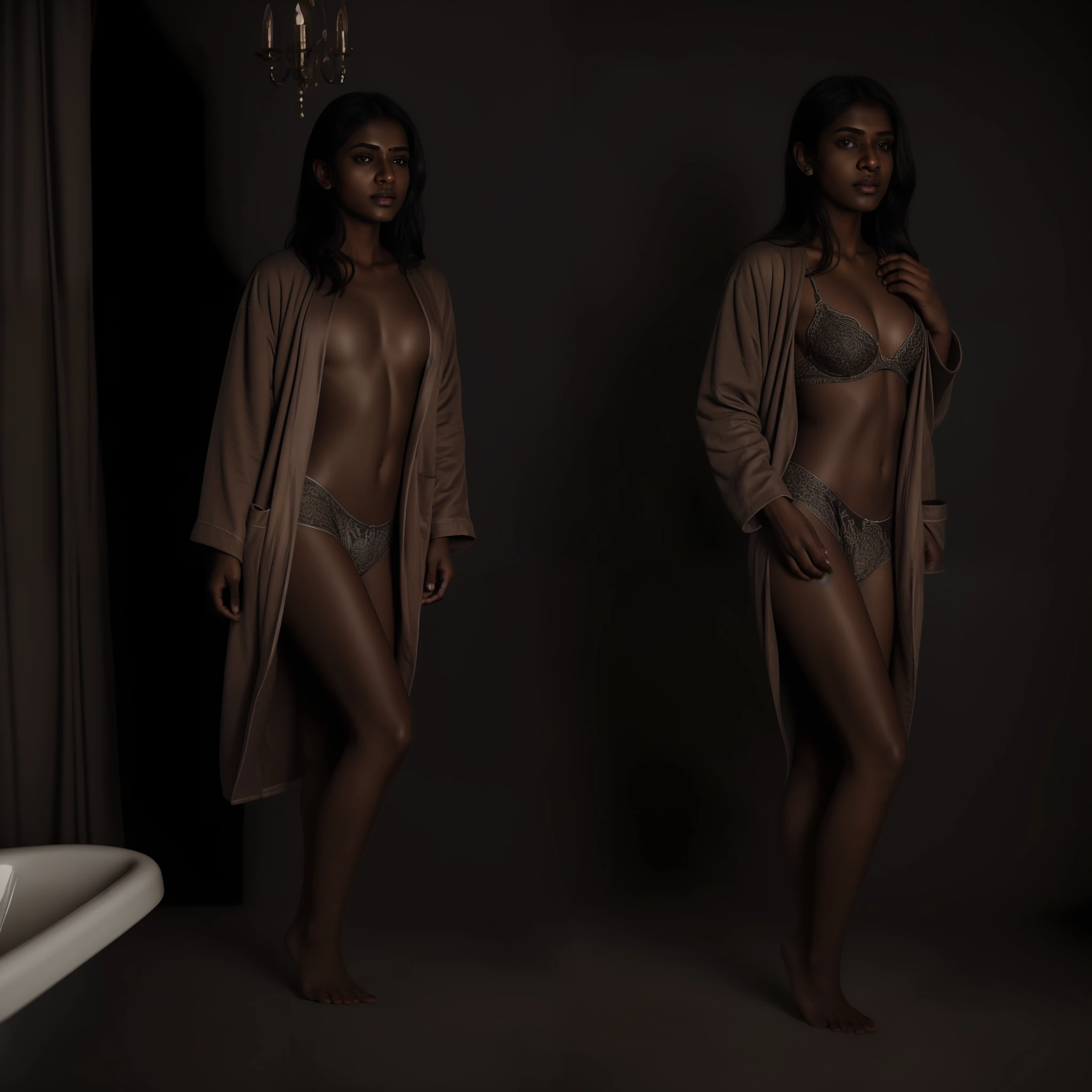 Indian dark skinned woman wearing a bathrobe undressing to underwear,(((full body))), photography, detailed skin, realistic, photo-realistic, 8k, highly detailed, full length frame, High detail RAW color art, piercing, diffused soft lighting, shallow depth of field, sharp focus, hyperrealism, cinematic lighting
