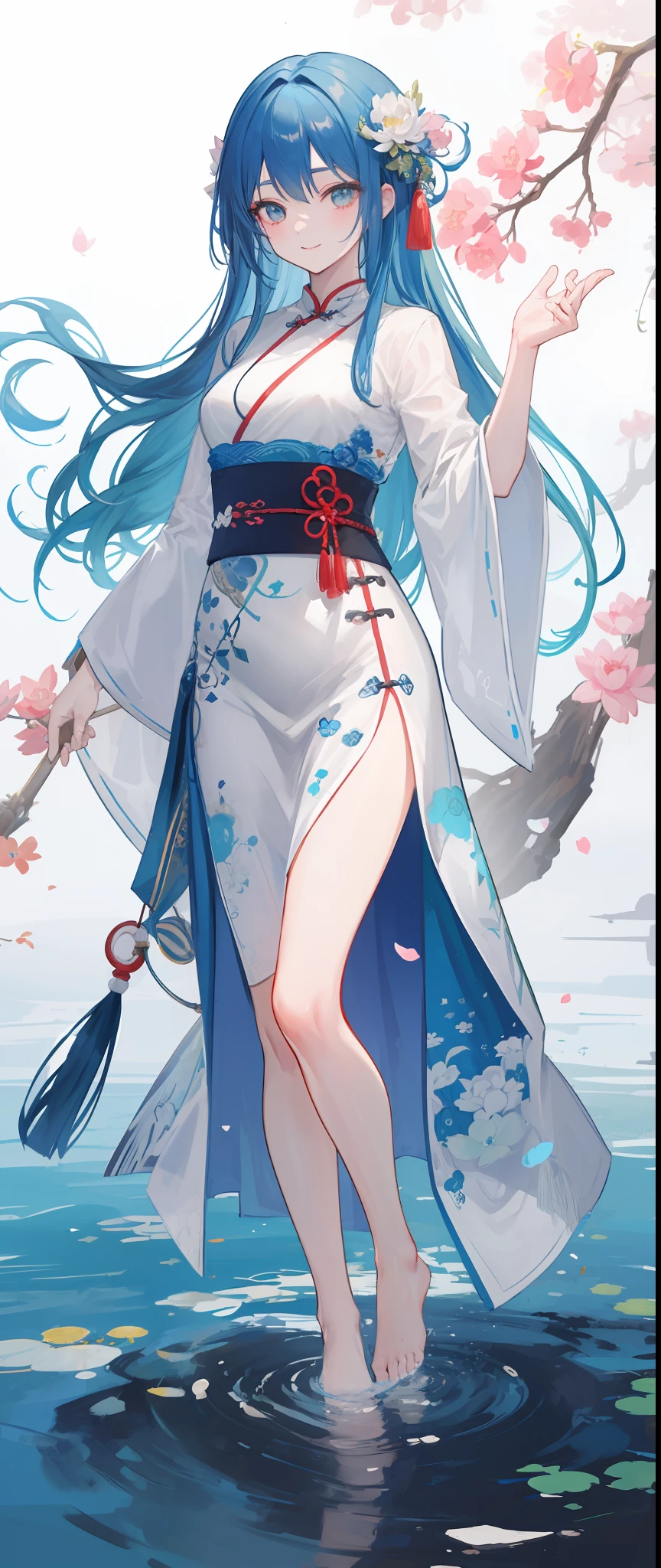 ((4k,masterpiece,best quality)), shuimobysim, traditional chinese ink painting, lotus, hanfu, maxiskit, dress conservatively 1girl, solo, long blue hair, smile, standing, feet in the water, barefoot,