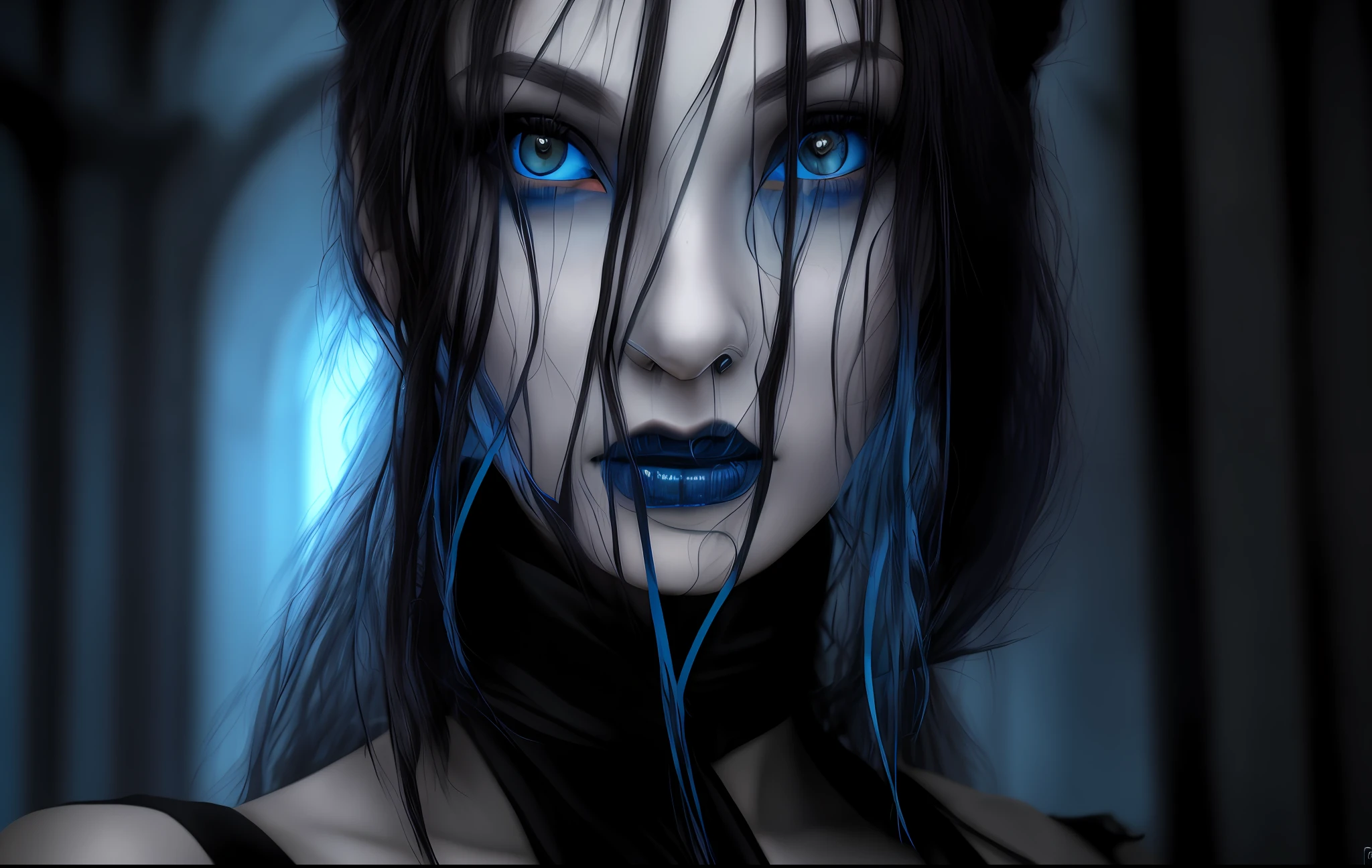 complex 3D rendering, Super detailed beautiful face, Woman with blue eyes and black hair, Girl with white eyes, cute face. Dark Fantasy, gothic girl face, with haunted eyes and dark hair, dark piercing eyes, The Queen is ready for darkness with bloody eyes, with blue eyes, black and blue eyes, gothic face, with long hair and piercing eyes, Black intense eyes, with black eyes