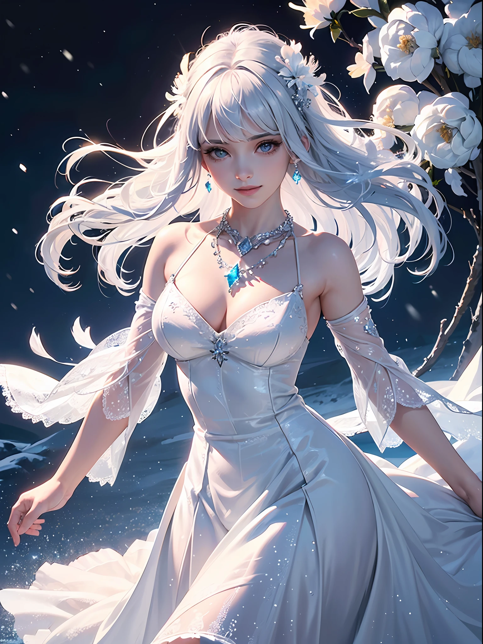 Unbeatable masterpiece, Ultra photo realsisim, Perfect artwork, Intricate details, Best quality, Strong light,High contrast, the night, starlights, aurora borealis, (((Contre-Jour))), glowing hairs, White color hair, beuaty girl, Blurred background, Dynamic Angle, Dynamic pose, Smile, breeze, (((Diamond_necklace))), (((nevando,snowflower))),