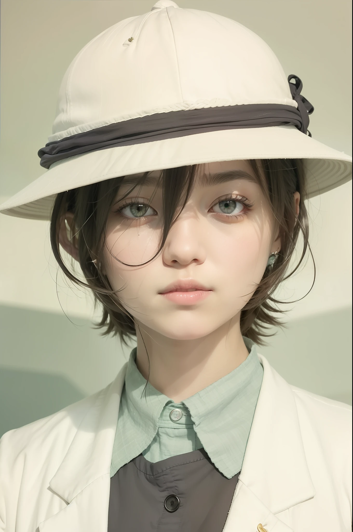 girl, Mikasa Ackerman, verry beautiful, green shirt, white blazer, black hair with hat, beautiful eyes, realistic, ultra detail, 70mm lens,