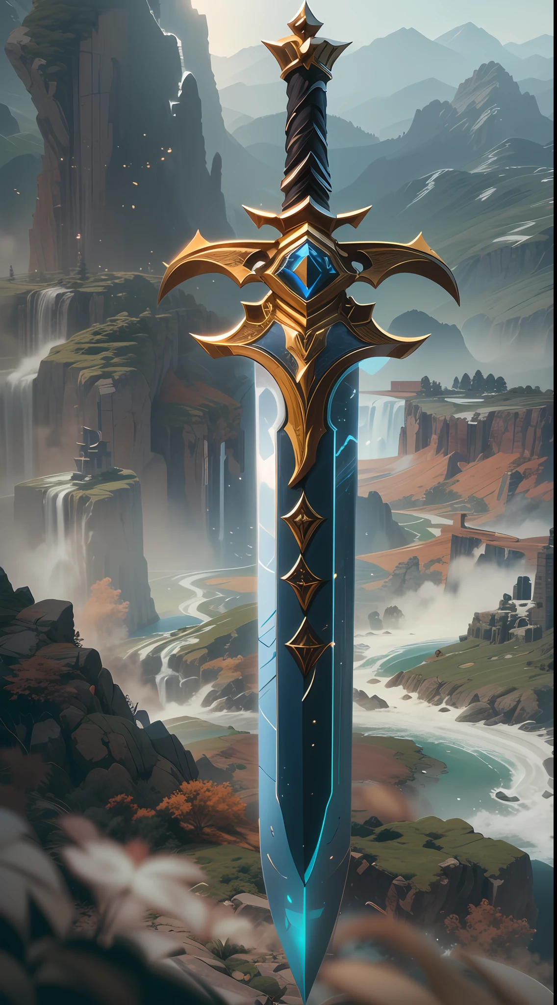 Excalibur,The body of the sword is wrapped in red and blue particle effects,Edge,Delicate sword hilt,Delicate sword body,The tip of the dangling sword is downward,(Excalibur's whole body is centered:1.3),Mid-range close-up,Fantastic Chinese landscape,Ultra photo realsisim,Hyper-realistic,Lots of detail,8K,Premium wallpapers,Highest image quality,3D,C4D,Master masterpieces,octaneratingrendering