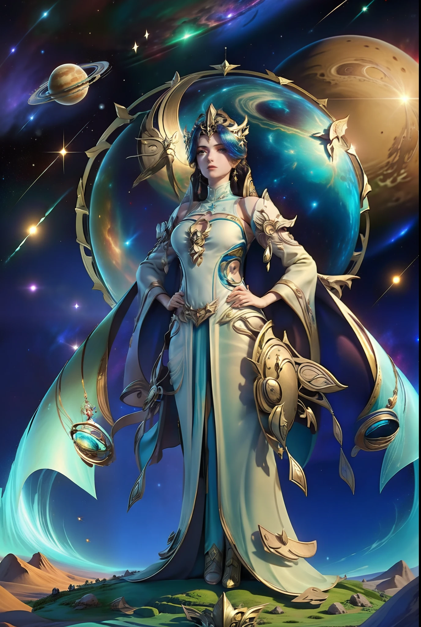 femele，Stand in the dazzling cosmic galaxy，with a planet in the background，It is surrounded by a cosmic sea of stars，femele，standing on your feet，Full body photo，