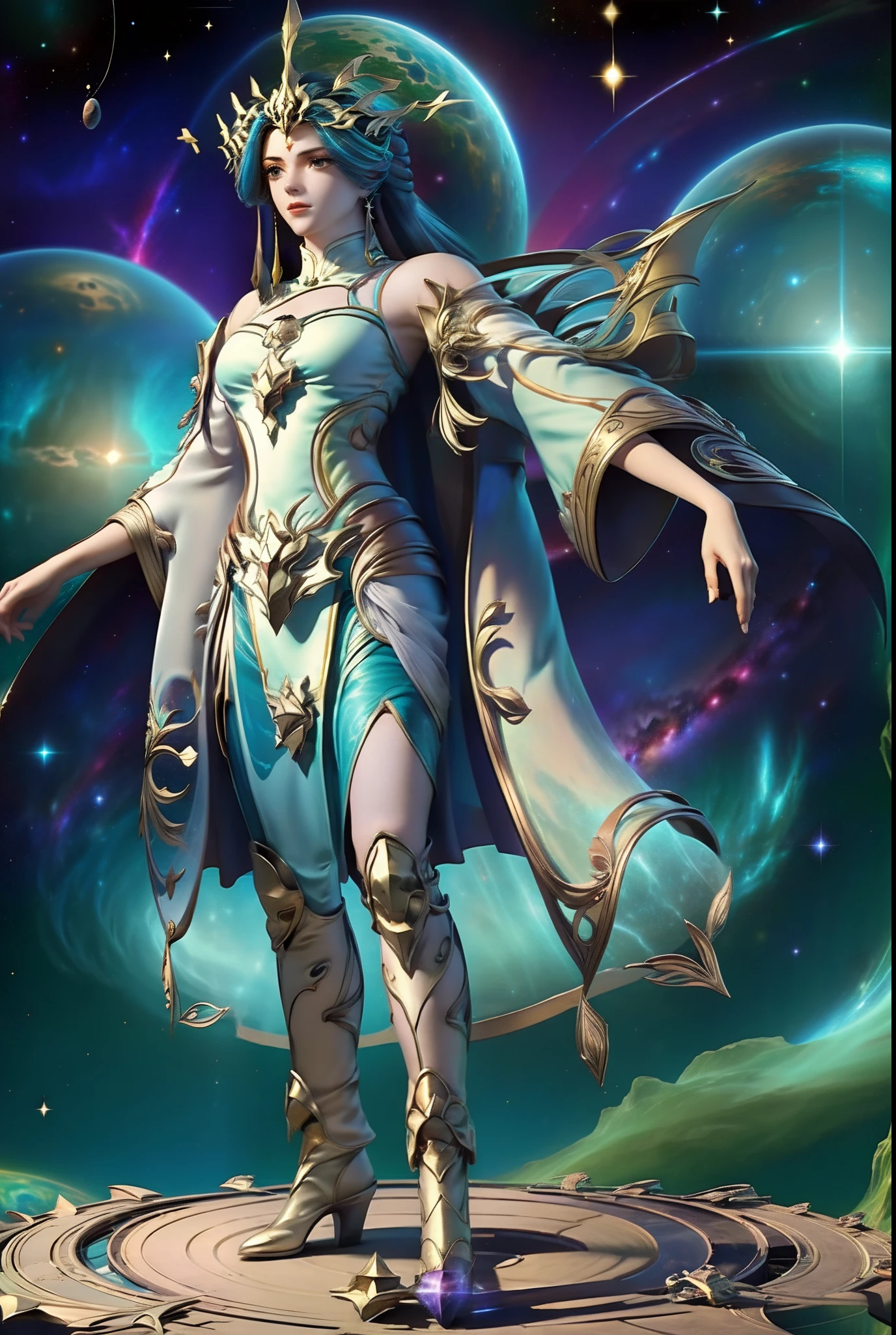 femele，Stand in the dazzling cosmic galaxy，with a planet in the background，It is surrounded by a cosmic sea of stars，femele，standing on your feet，Full body photo，