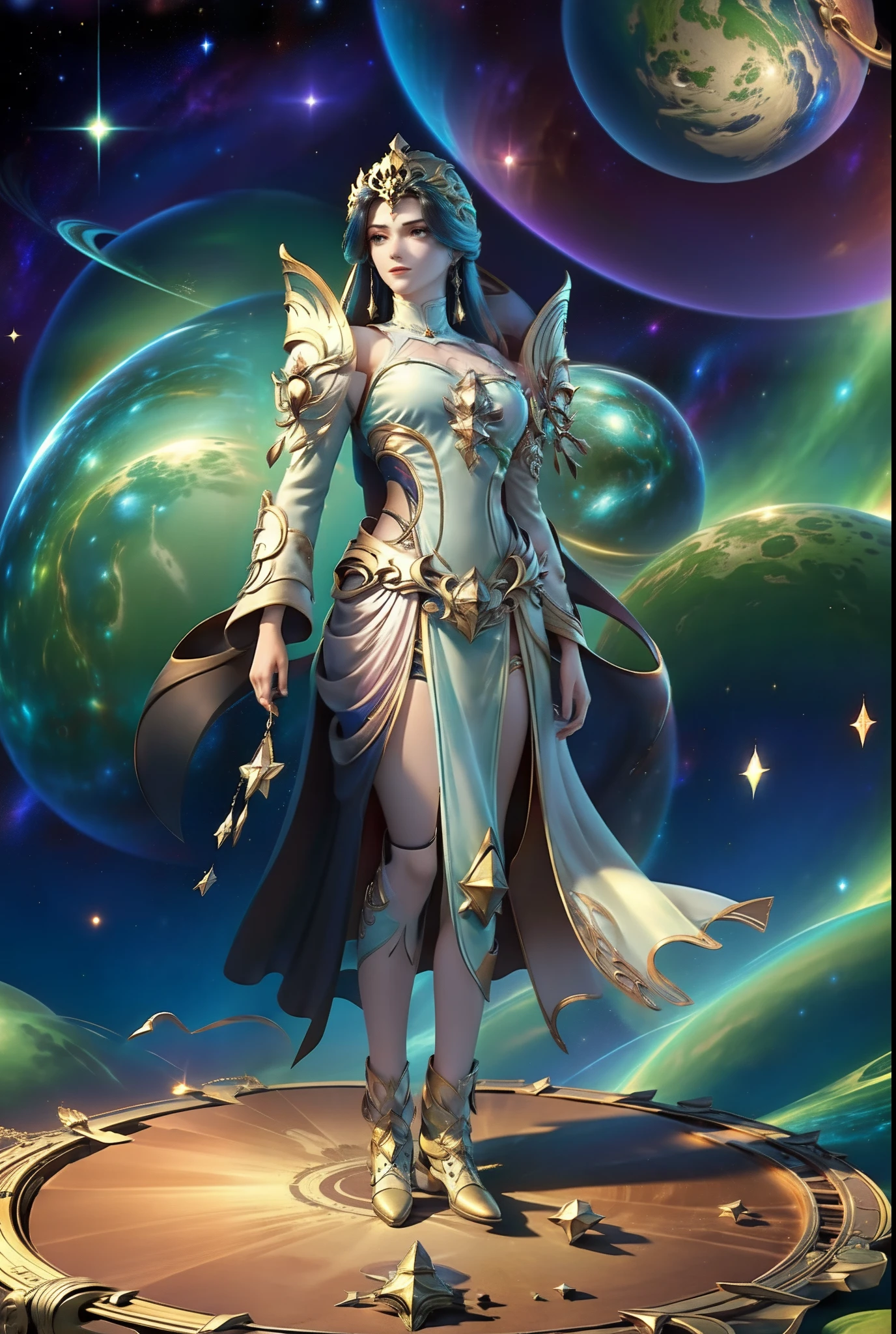 femele,Stand in the dazzling cosmic galaxy,with a planet in the background,It is surrounded by a cosmic sea of stars,femele,standing on your feet,Full body photo,