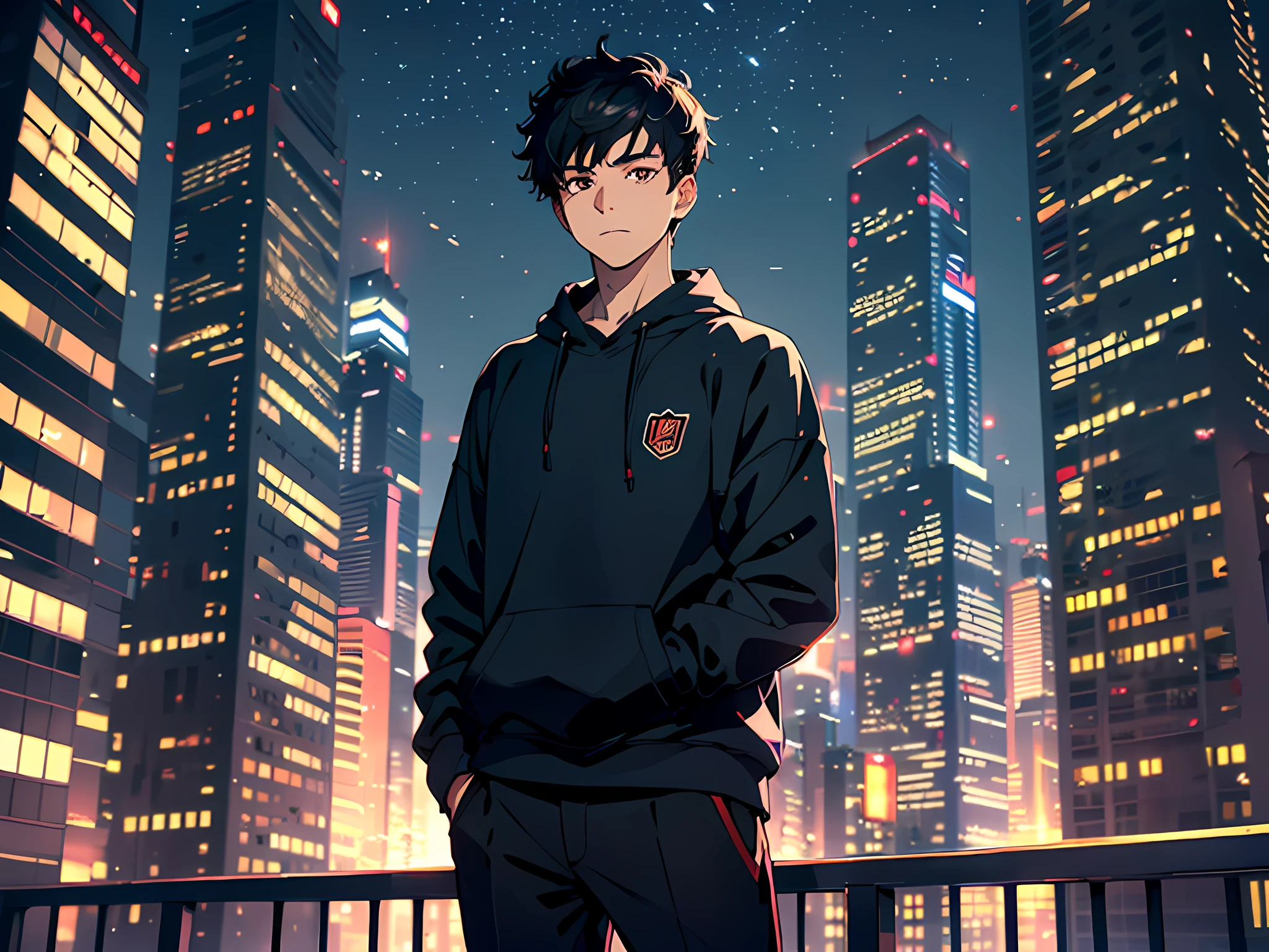 A young man stands on the top floor of a tall building,The background is a night view of the city and twinkling lights,His posture is confident and bold。black color hair,Black sweatshirt,male people,with brown eye,Handsome,18yr old,UHD, masterpiece, high details, high quality, best quality, award winning, highres, 1080P, HD, HD, 8k, 16k, 4K