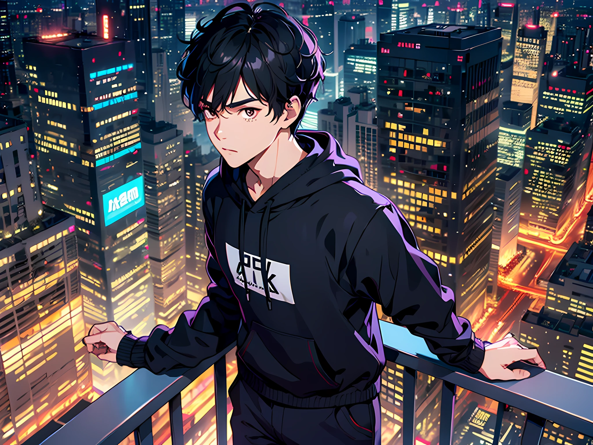 A young man stands on the top floor of a tall building,The background is a night view of the city and twinkling lights,His posture is confident and bold。black color hair,Black sweatshirt,male people,with brown eye,Handsome,18yr old,UHD, masterpiece, high details, high quality, best quality, award winning, highres, 1080P, HD, HD, 8k, 16k, 4K