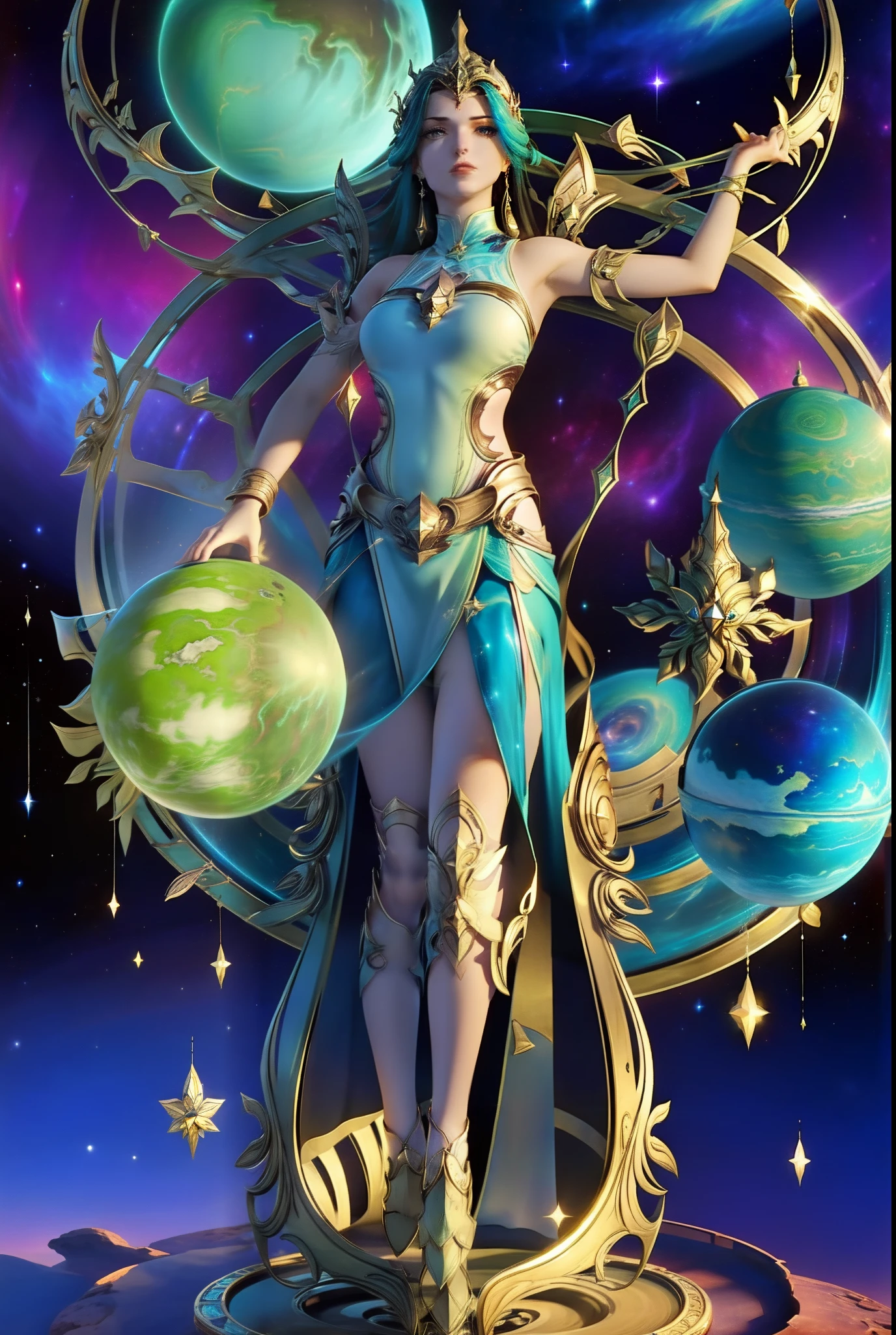 femele，Stand in the dazzling cosmic galaxy，with a planet in the background，It is surrounded by a cosmic sea of stars，femele，standing on your feet，Full body photo，