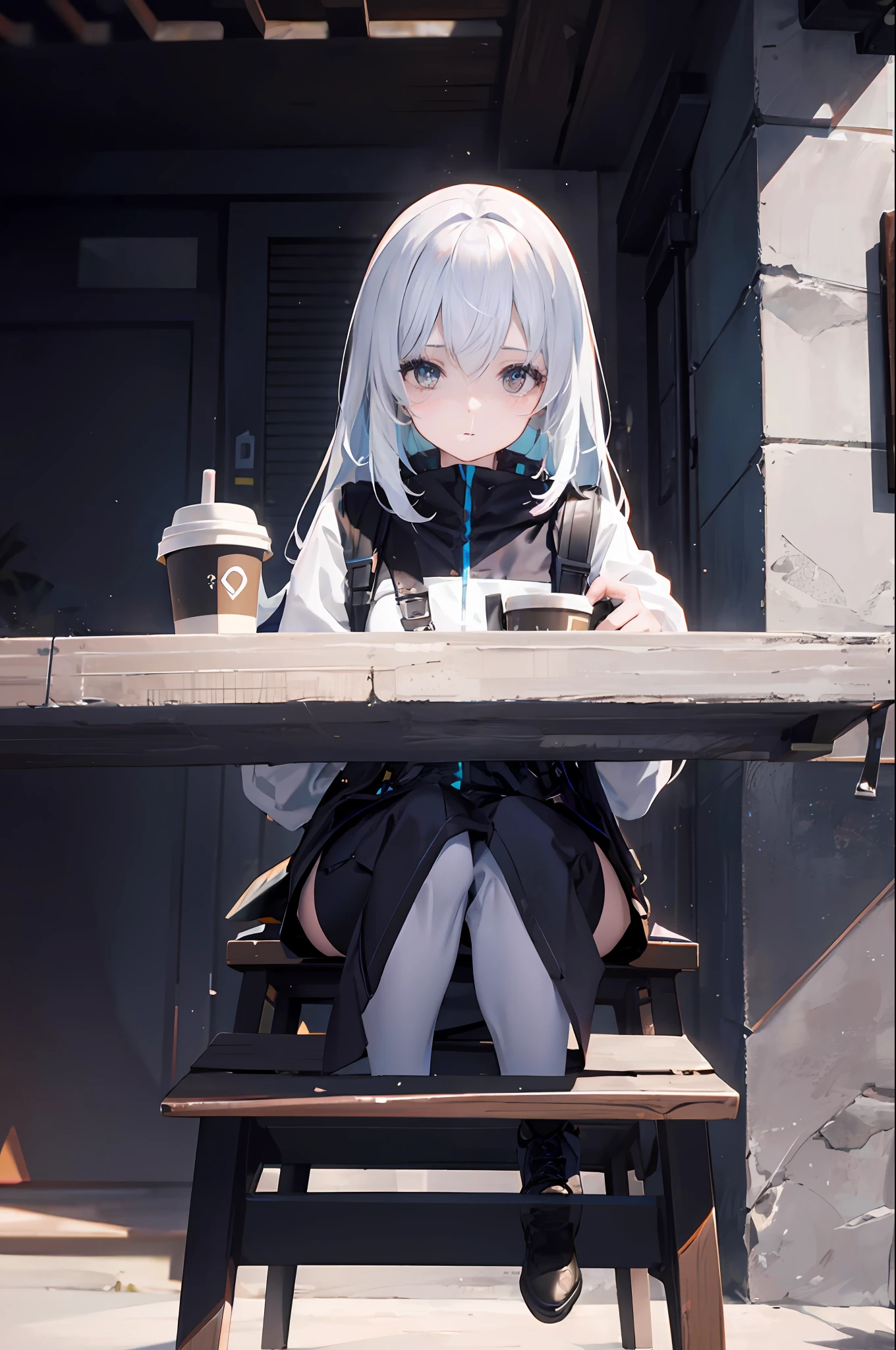 A girl sits in a chair outside a coffee shop, (Big coffee shop:1.4), (wooden chair:1.4), (desks:1.4), drinking a coffee, (coffee mug:1.4), Voluptious body, (sliver long hair:1.4), Black eyes, HDR(HighDynamicRange), Ray traching, NVIDIA RTX, Hyper-Resolution, Unreal 5, sub surface scattering, PBR textures, post-proces, Anisotropic filtering, depth of fields ,Maximum clarity and sharpness, Many-Layer Textures、Albedo e mapas Speculares、Surface Coloring、Accurate simulation of light-material interactions、rendering by octane、twotonelighting、Low ISO、White balance、trichotomy、largeaperture、8K RAW、High-Efficiency Sub-Pixel、sub-pixel convolution、(Luminous Particle:1.4)、{{tmasterpiece、best qualtiy、Extremely detailed CG、Unity 8k Wallpapers、3D、cinmatic lighting、lens flare glow}},