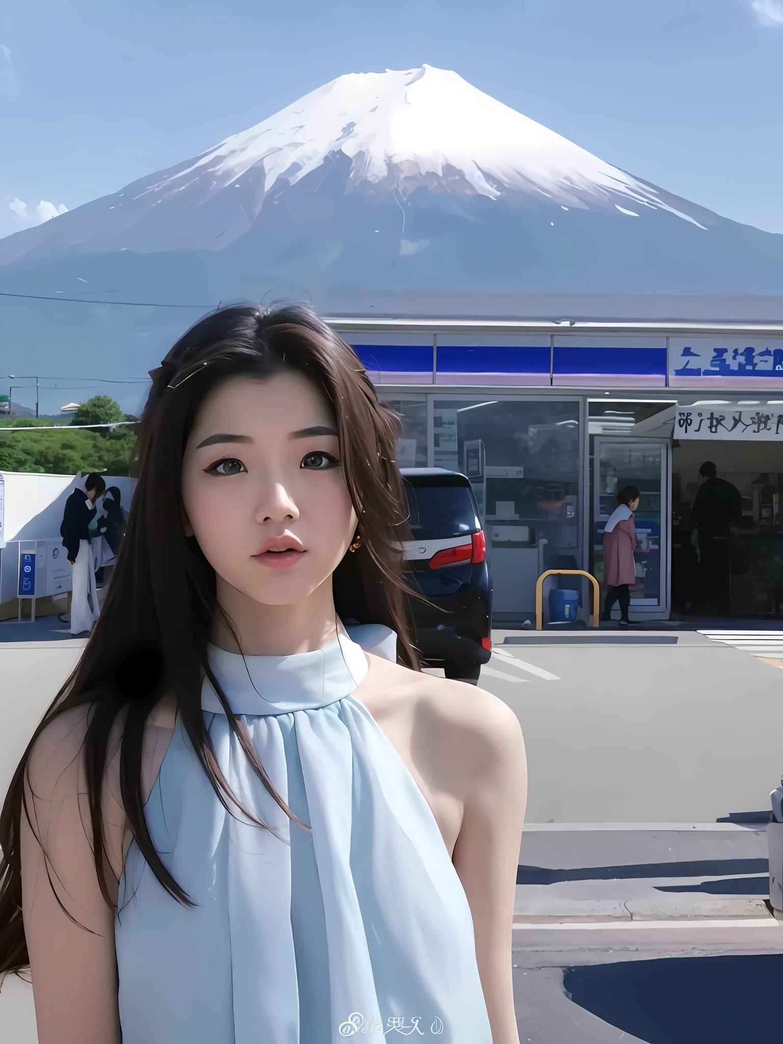An Araved woman in a blue dress stands in front of the mountain, Yoshitomo Nara, gorgeous chinese models, Japanese goddess, Anime girl in real life, sakimichan, Anime style mixed with Fujifilm, beautiful Korean women, chiho, 8K)), moutain in background, 4K], 4 k'' ]