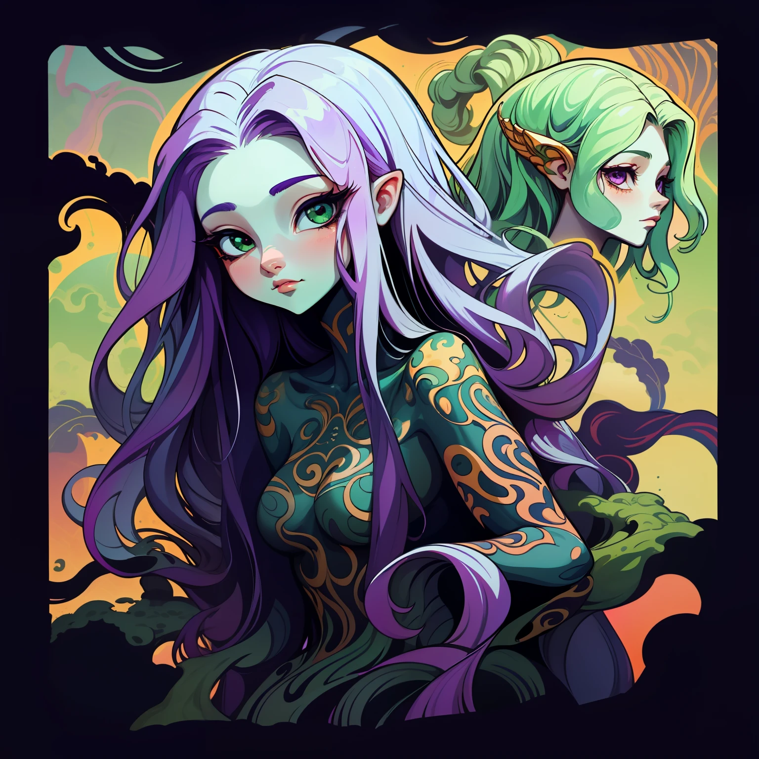 adesivo,1girl, fundo simples, retrato, girl with long hair, beautiful medusa girl, medusa aesthetic, beautiful girl, very beautiful fantasy art, beautiful and elegant female medusa, beautiful detailed fantasy, green and purple color palate, green color-theme