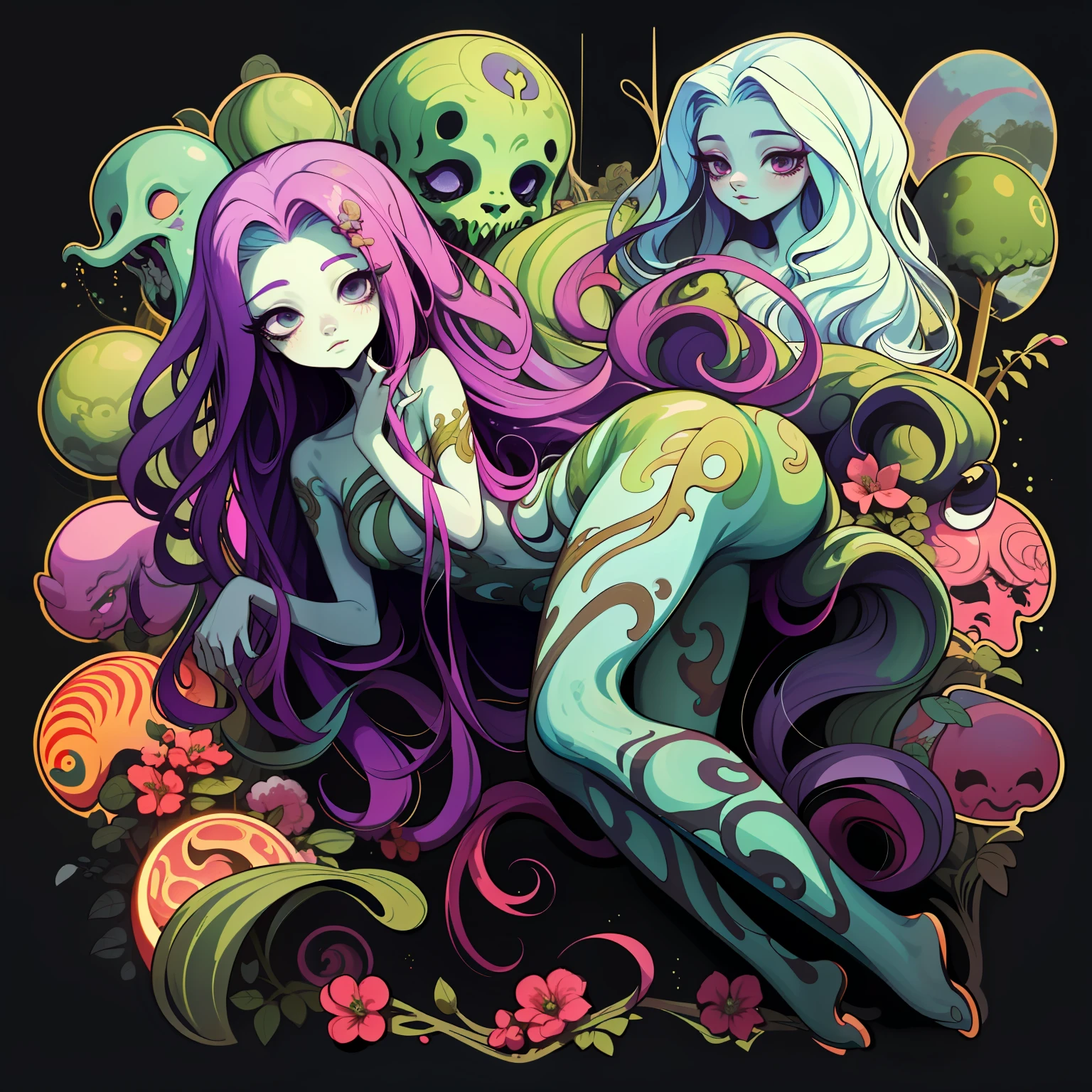 adesivo,1girl, fundo simples, retrato, girl with long hair, beautiful medusa girl, medusa aesthetic, beautiful girl, very beautiful fantasy art, beautiful and elegant female medusa, beautiful detailed fantasy, green and purple color palate, green color-theme