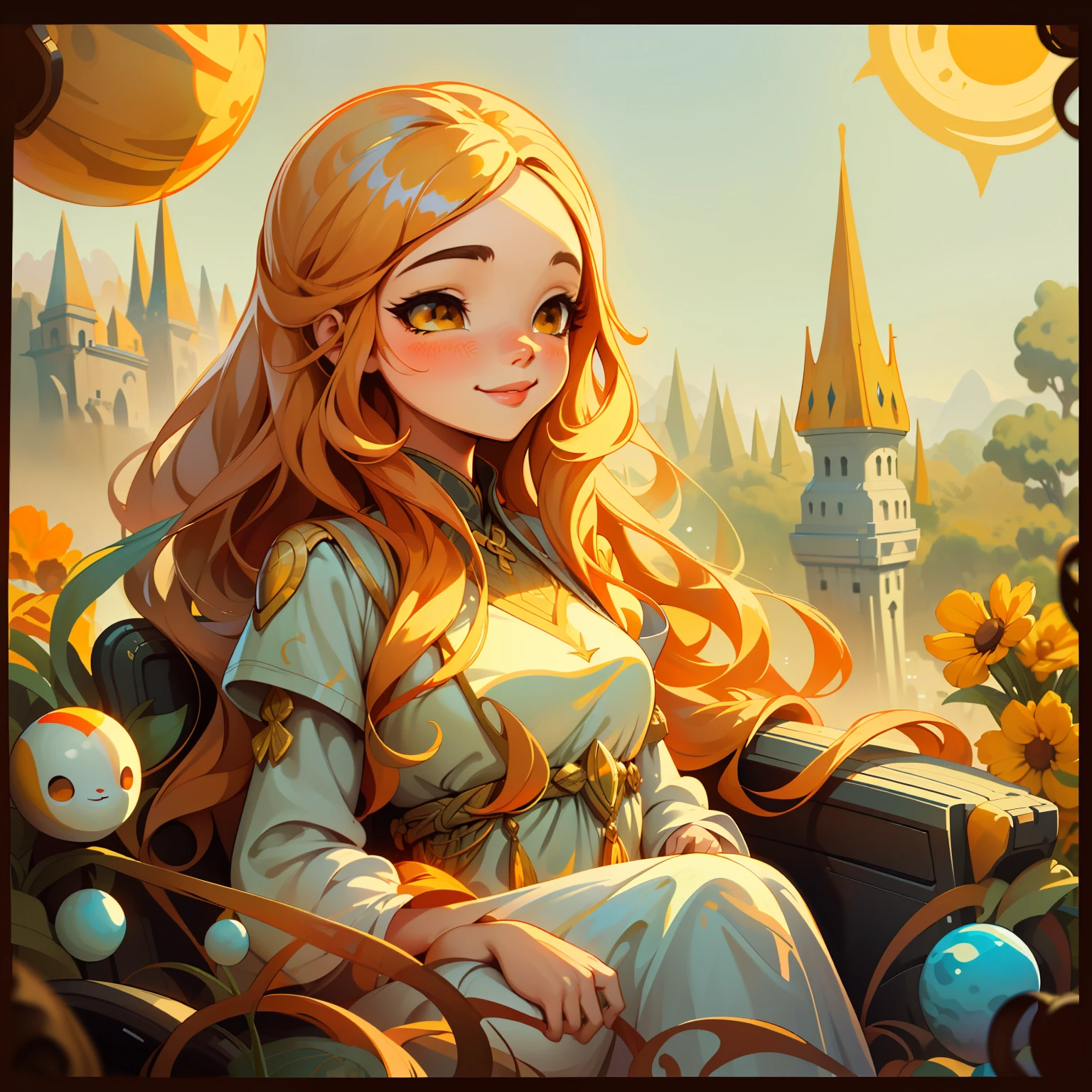 adesivo,1girl, fundo simples, retrato, girl with long hair, smilling girl, beautiful sun girl, sun aesthetic, beautiful girl, very beautiful fantasy art, beautiful and elegant female sun, beautiful detailed fantasy, yellow and orange color palate, yellow color-theme