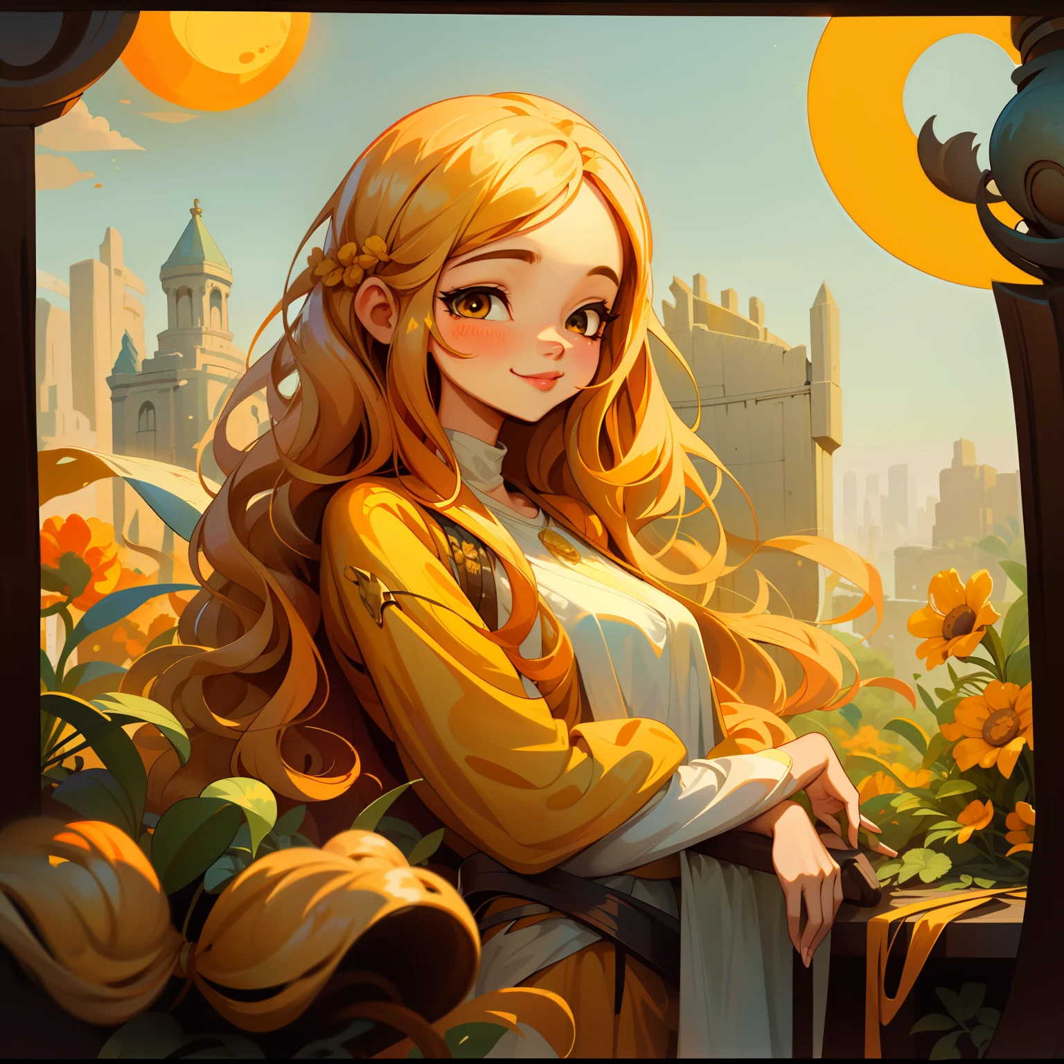 adesivo,1girl, fundo simples, retrato, girl with long hair, smilling girl, beautiful sun girl, sun aesthetic, beautiful girl, very beautiful fantasy art, beautiful and elegant female sun, beautiful detailed fantasy, yellow and orange color palate, yellow color-theme