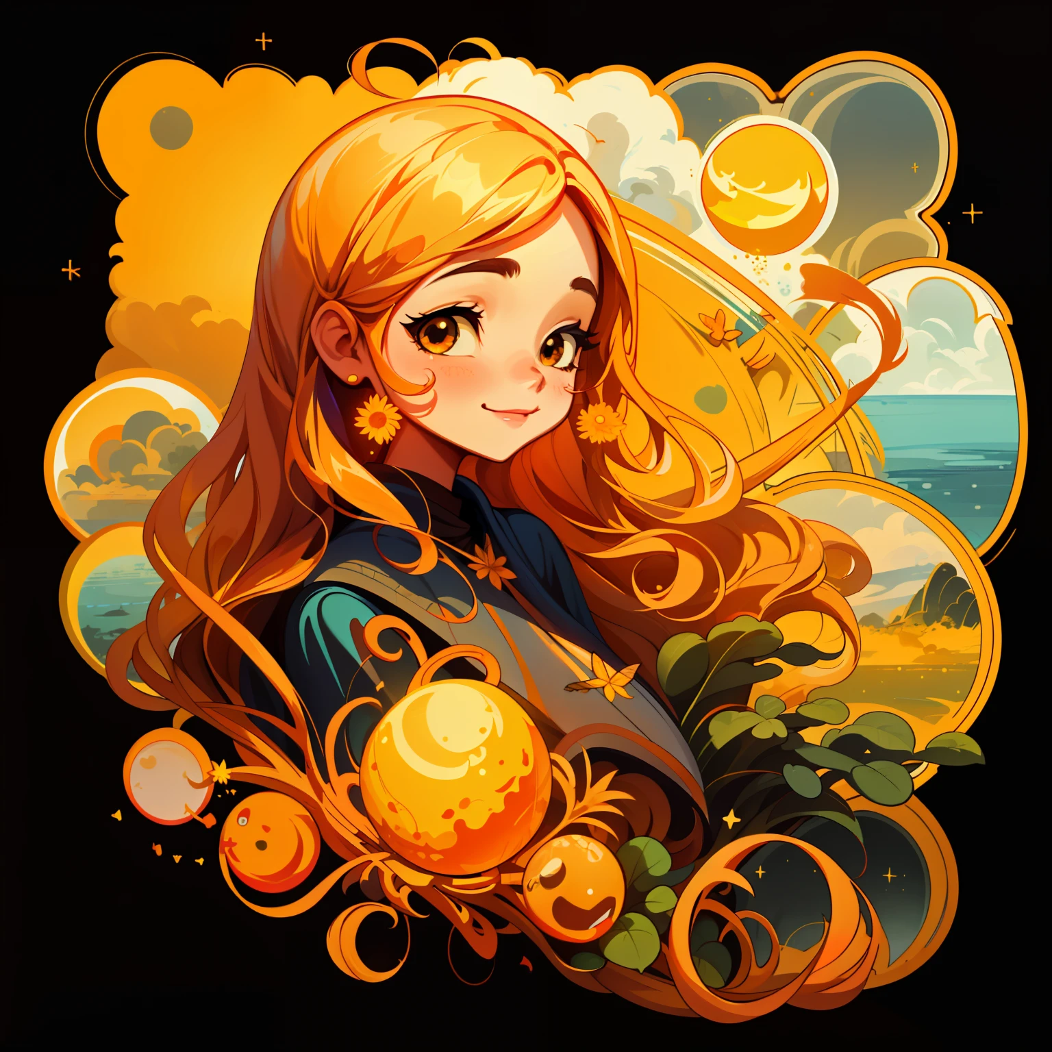 adesivo,1girl, fundo simples, retrato, girl with long hair, smilling girl, beautiful sun girl, sun aesthetic, beautiful girl, very beautiful fantasy art, beautiful and elegant female sun, beautiful detailed fantasy, yellow and orange color palate, yellow color-theme