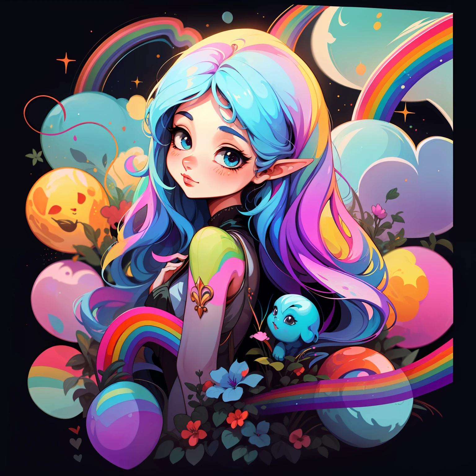 adesivo,1girl, fundo simples, retrato, girl with long hair, beautiful pixie, pixie aesthetic, beautiful pixie, very beautiful fantasy art, beautiful and elegant female pixie, beautiful detailed fantasy, rainbow color palate, rainbow color-theme