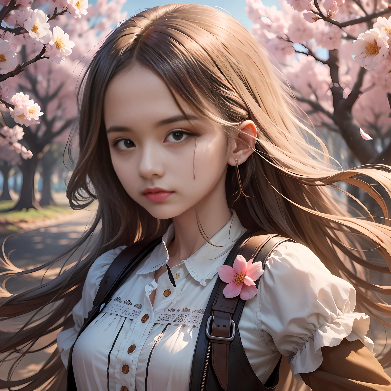 A girl,petite,realisticlying,The upper part of the body, Realistis,Flowering trees,Floating hair,Detailed face --auto