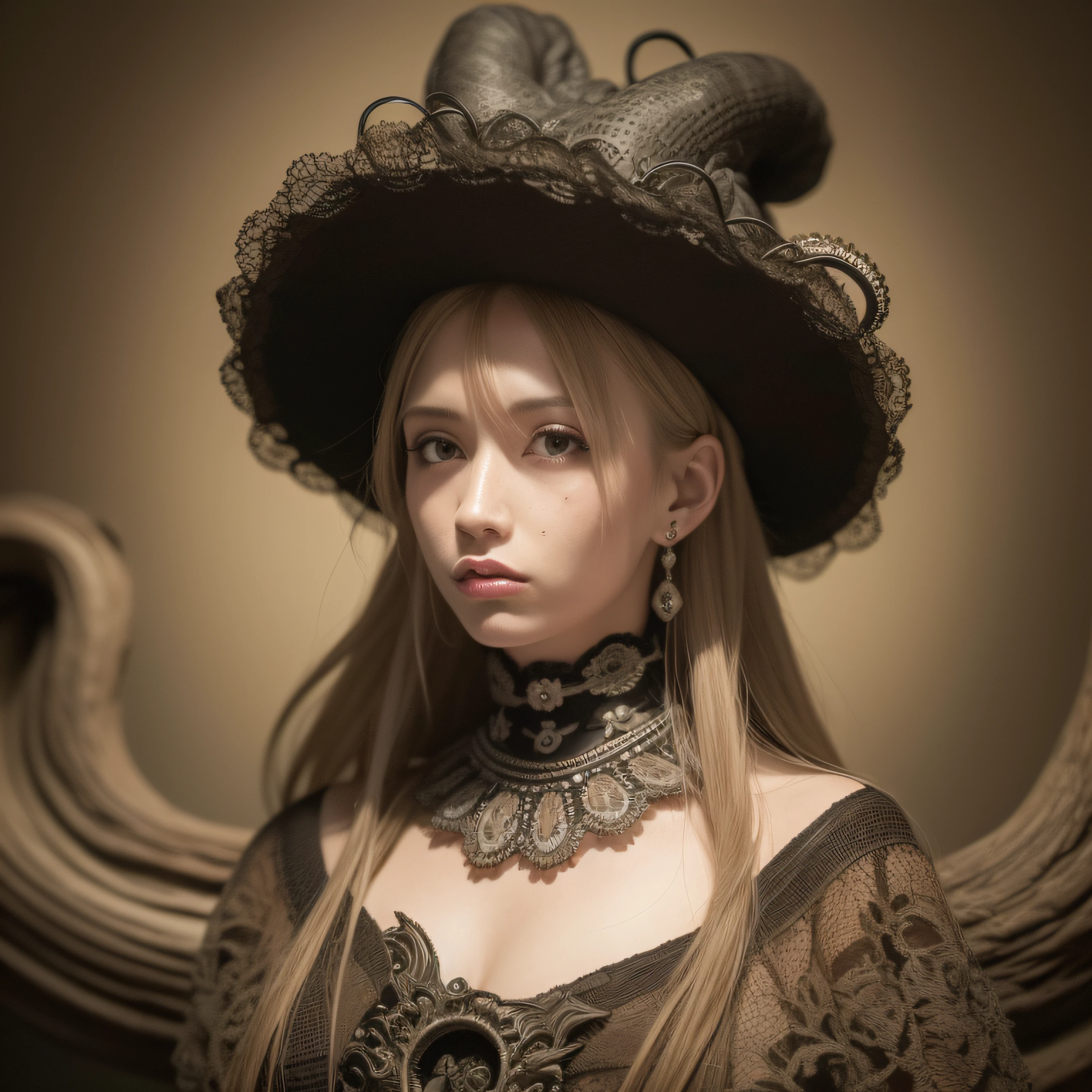 (extremadamente detallado, obra maestra, La mejor calidad), Estilo oscuro, intense illumination, rostro con arrugas, lengua larga, tentacle, deforme, monstruoso, un anciano con Colmillos finos, amenazante. mujer punk. Rococo composition. Luz de caravaggio