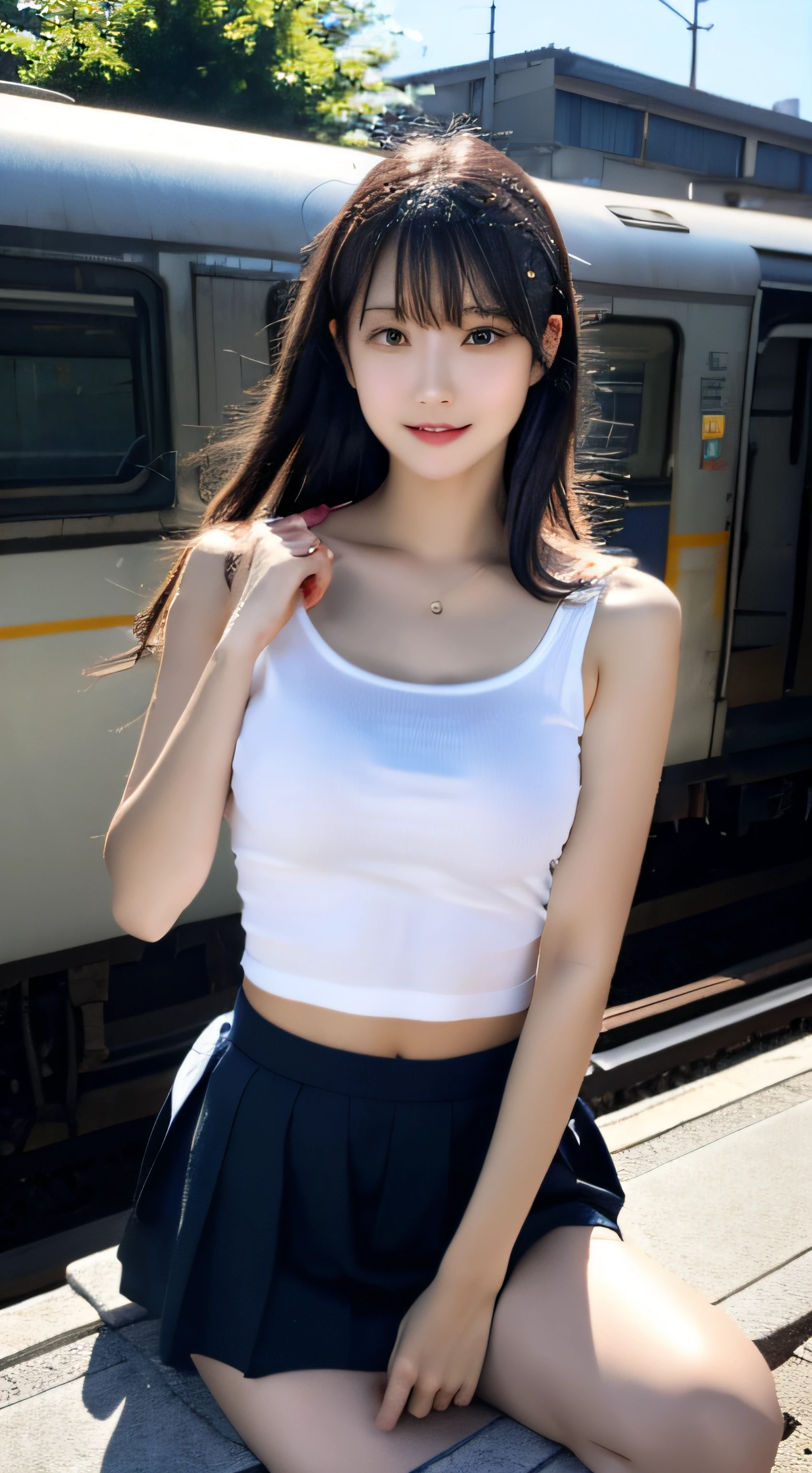 masutepiece, Best Quality, japanaese girl, 8K, Raw photo, top-notch quality, masutepiece, nffsw:1.2, exceptionally detailed RAW color photo, professional-grade photograph, (Realistic, Photorealistic:1.37), (highly detailedskin:1.2), Ultra-high resolution, (lenz 50mm),japanaese girl、a 18 year old girl、Long、A dark-haired、bangss、Brown-eyed、Perfect figure、Transparency、The sheen、Gloss、discreet breasts、校服、Navy blue ribbon、Light blue shirt、Navy blue skirt、Hikaru、Burning Body、hposing Gravure Idol、on train、Beautiful feet、Strong sunshine、Odious、Rain-drenched body、女優、Gravure idol posing、乃木坂アイドル、韓国アイドル,place one's arms behind one's back,Raise both arms,(Aside)