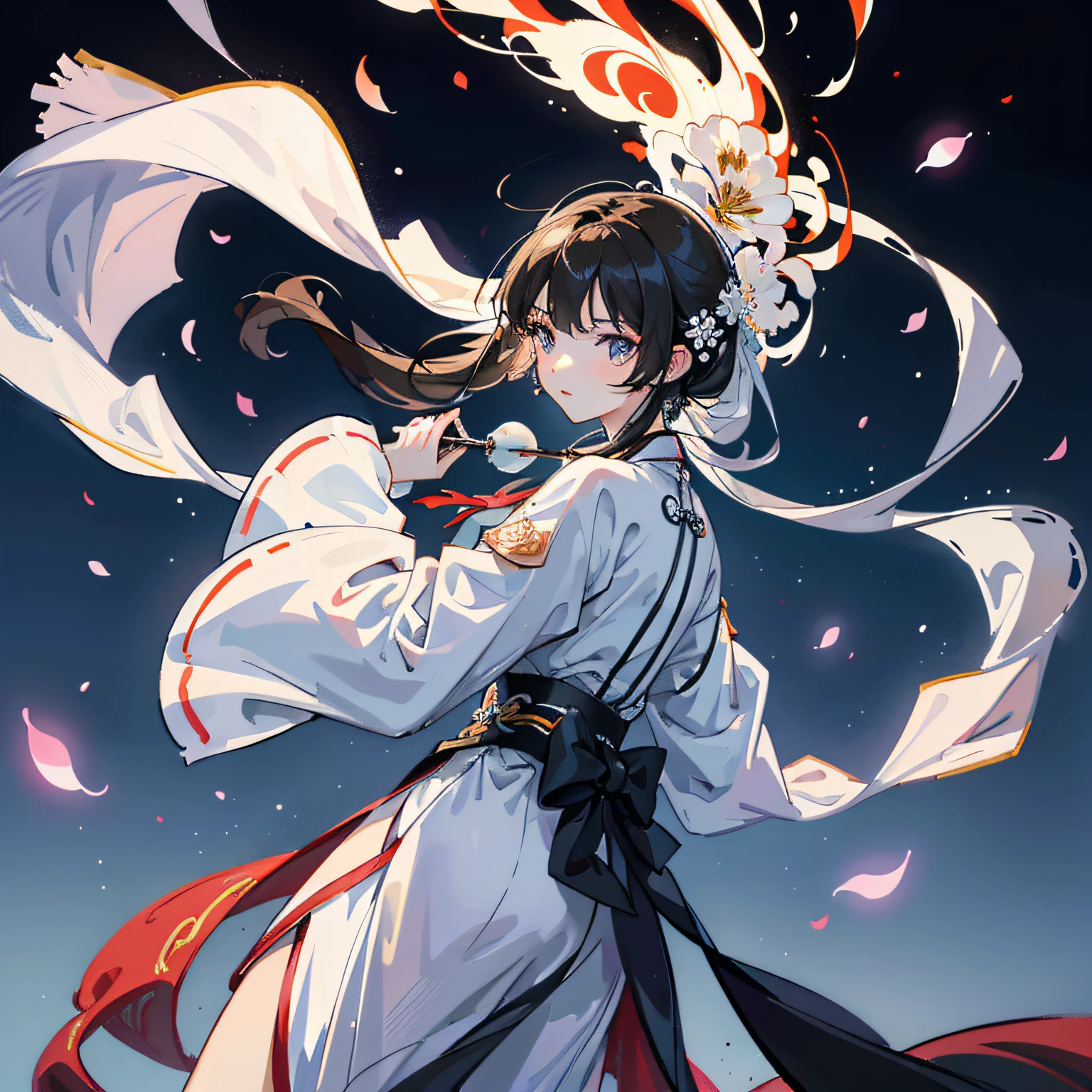 Don't baby-face,The face is longer,sideface,tmasterpiece,The color is bright,realisticlying,zhongfenghua, 1girll, 独奏, Hanfu, ancient_chinese_architecture, flower field, blossoms, (White smoke:1.3) (realisticlying:1.4), Zen entanglement, datura, entangled, offcial art, Unity 8k壁纸, ultra - detailed, Beautiful and beautiful, tmasterpiece, best qualtiy, (dynamic angle:1.4), Glowing skin, (Floating colorful flashes:1)The most beautiful form of chaos,ellegance,Fauvistdesign,vivd colour,24 years of age,Romantic depth of field exotic_dance --auto