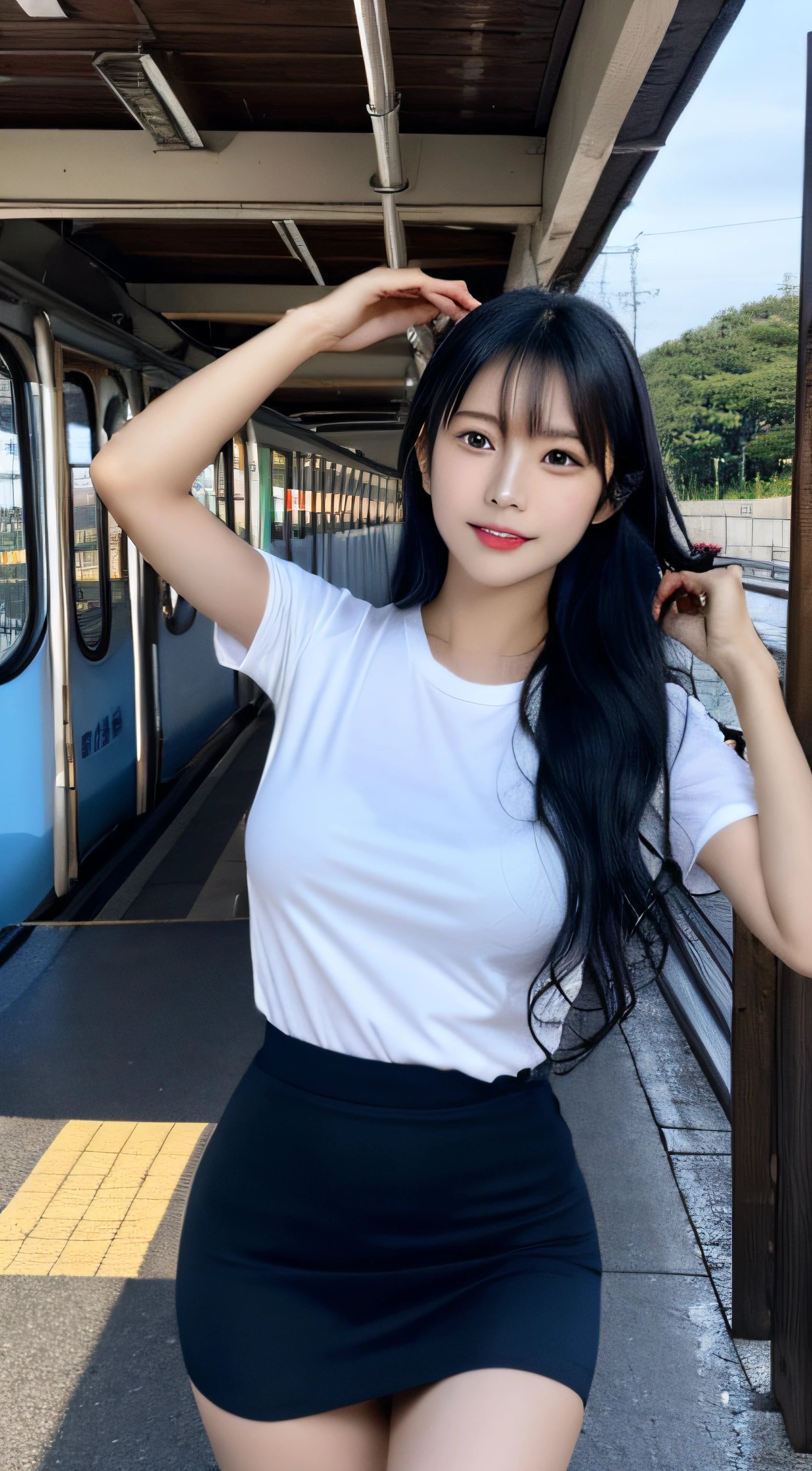 masutepiece, Best Quality, japanaese girl, 8K, Raw photo, top-notch quality, masutepiece, nffsw:1.2, exceptionally detailed RAW color photo, professional-grade photograph, (Realistic, Photorealistic:1.37), (highly detailedskin:1.2), Ultra-high resolution, (lenz 50mm),japanaese girl、a 18 year old girl、Long、A dark-haired、bangss、Brown-eyed、Perfect figure、Transparency、The sheen、Gloss、discreet breasts、校服、Navy blue ribbon、Light blue shirt、Navy blue skirt、Hikaru、Burning Body、hposing Gravure Idol、on train、Beautiful feet、Strong sunshine、Odious、Rain-drenched body、女優、Gravure idol posing、乃木坂アイドル、韓国アイドル,place one's arms behind one's back,Raise both arms,(Aside)