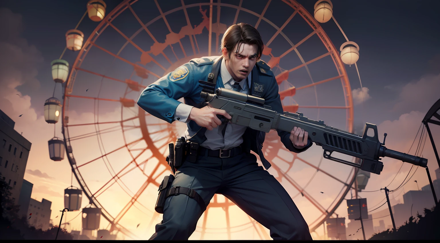 (masterwork) Very high quality, Full body shot, Super detailed shooting, Resident Evil setting, Eastern male medical staff and injured male police officer, The duo dodged some zombies by the destroyed Ferris wheel at a Hong Kong amusement park, 32K resolution, Best quality, Dynamic pose, actionpose, Surreal and charming.