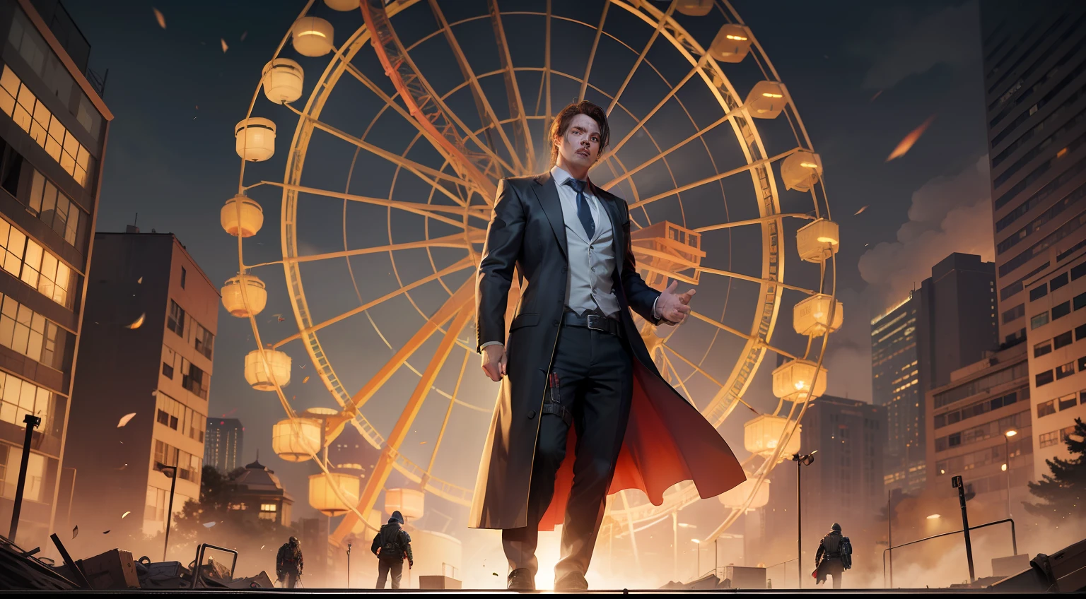 (masterwork) Very high quality, Full body shot, Super detailed shooting, Resident Evil setting, Eastern male medical staff and injured male police officer, The duo dodged some zombies by the destroyed Ferris wheel at a Hong Kong amusement park, 32K resolution, Best quality, Dynamic pose, actionpose, Surreal and charming.