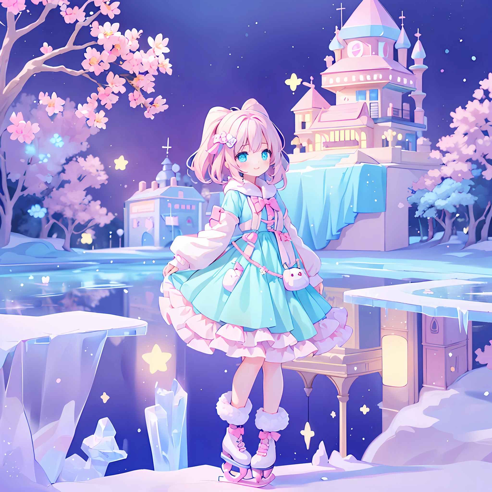 (1girl), idol, ice skating on the frozen lake, kawaiitech, kawaii, cute, pastel colors, best quality, happy,  deep background