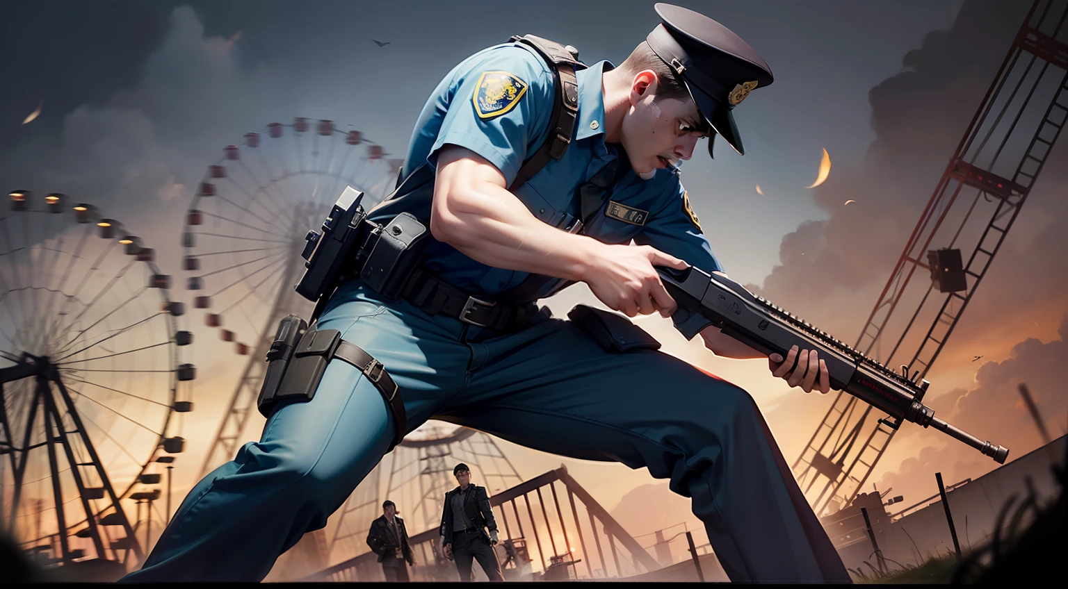(masterwork) Very high quality, Full body shot, Super detailed shooting, Resident Evil setting, Eastern male medical staff and injured male police officer, The duo dodged some zombies by the destroyed Ferris wheel at a Hong Kong amusement park, 32K resolution, Best quality, Dynamic pose, actionpose, Surreal and charming.