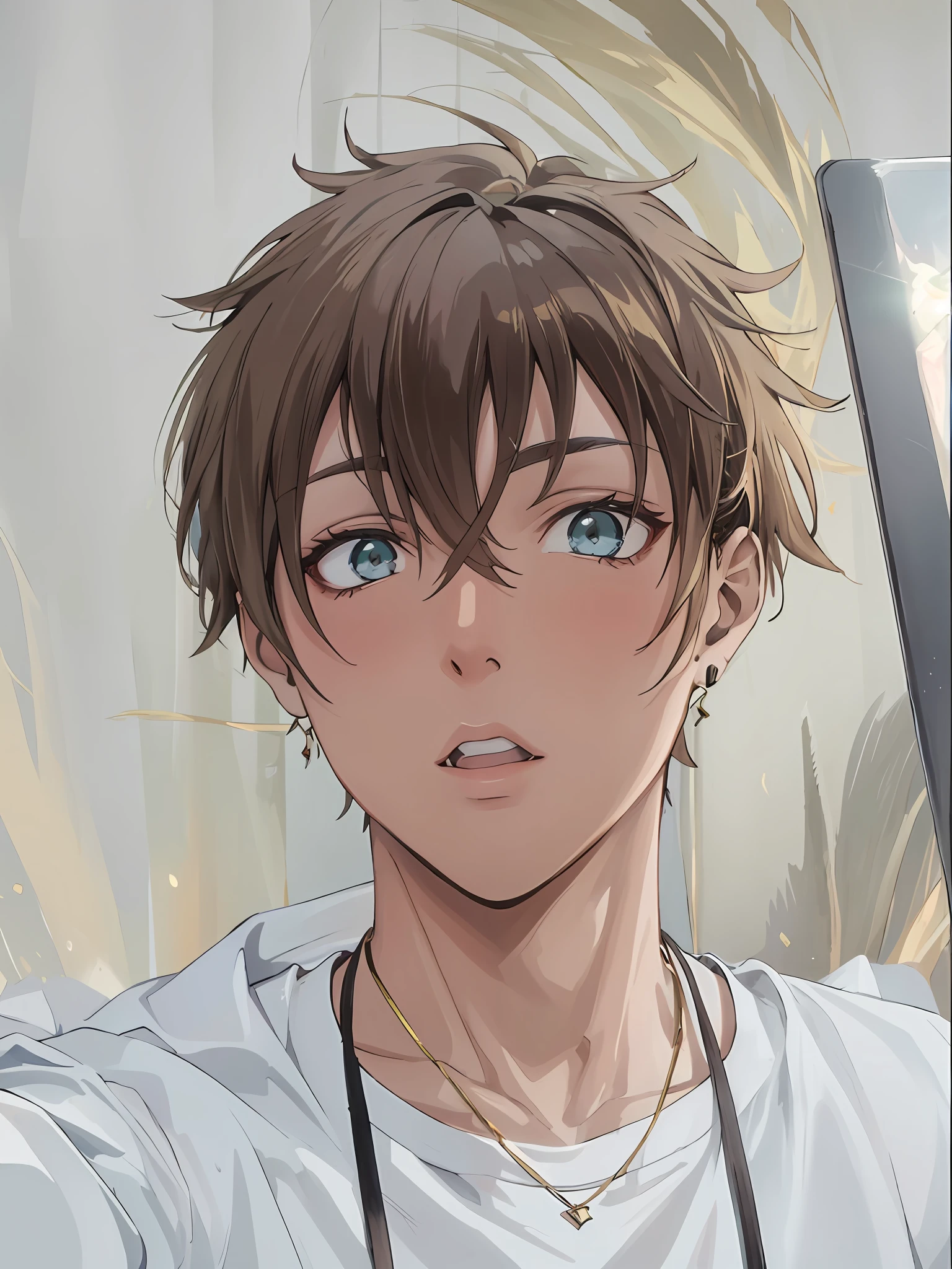 Wearing a white shirt、Young man wearing a black necklace,  portrait a 1 5 -  - old , Young and handsome Wanya face, Young and handsome face, 8k selfie photograph, detailed face of a asian boy, with round face, south east asian with round face, with accurate face, yanjun cheng，Handsome，quadratic element