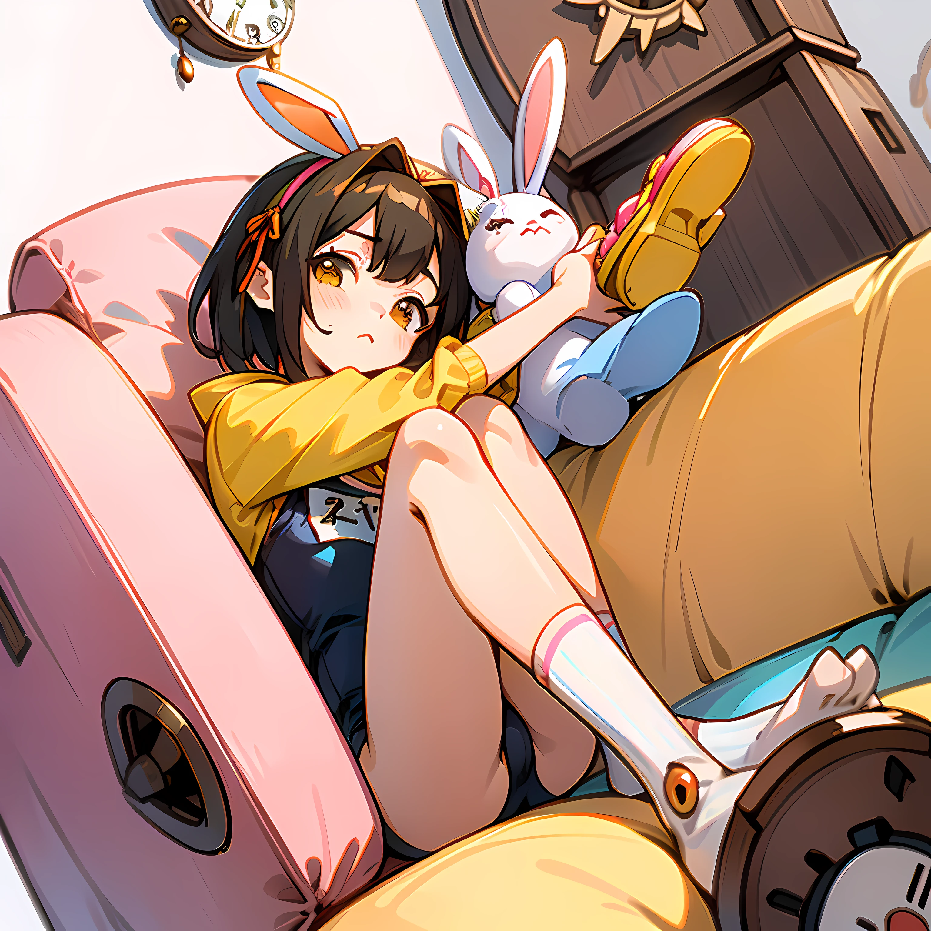 One girl. (masutepiece, of the highest quality, Kyoto Animation Style Illustration, of the highest quality, Official art, aesthetics, Beautiful details, :1. 2), BREAK, ( girl), Very detailed, colourfull, highest details, BREAK, (girl, Cute, Cheerful, Loli face, Ak-haired、a short bob、tareme, gleaming skin, Hugging a stuffed rabbit, Playboy Bunny, shiny school swimsuit, High socks with pink and yellow stripes,Pink Bunny Years Hair Band, Eat carrots and lie on the couch, Open legs wide ,Awaken,looks sleepy (Toy store background, Lots of stuffed animals,cuckoo clock:1.2),
