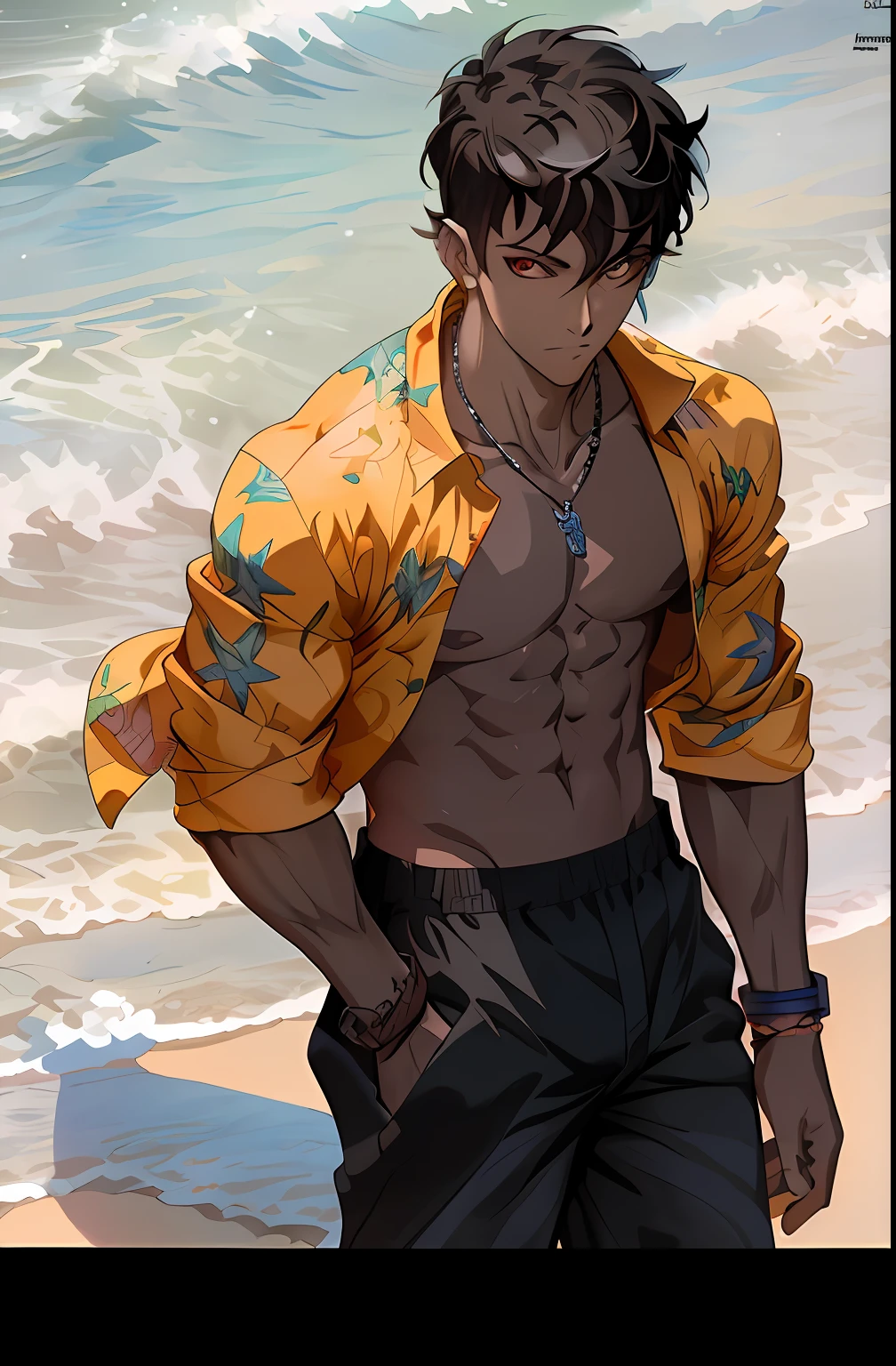 Anime man without shirt standing on beach near the sea, Handsome Anime Pose, ross tran style, anime handsome guy, Aloha shirt and, by Yang J, by Ross Tran!!!, ross tran 8 k, kentaro miura art, handsome guy in demon slayer art, male anime characters, in the style of ross tran, sun-hyuk kim