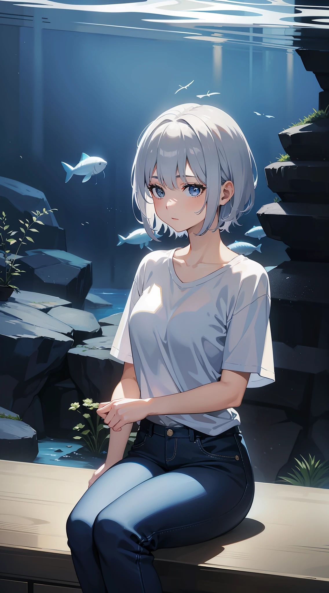 Become a woman。Short-haired woman with silver hair。Wearing a white T-shirt and dark blue pants、Watching the aquarium of the aquarium。。It is an anime-style illustration。Beautiful with the best image quality