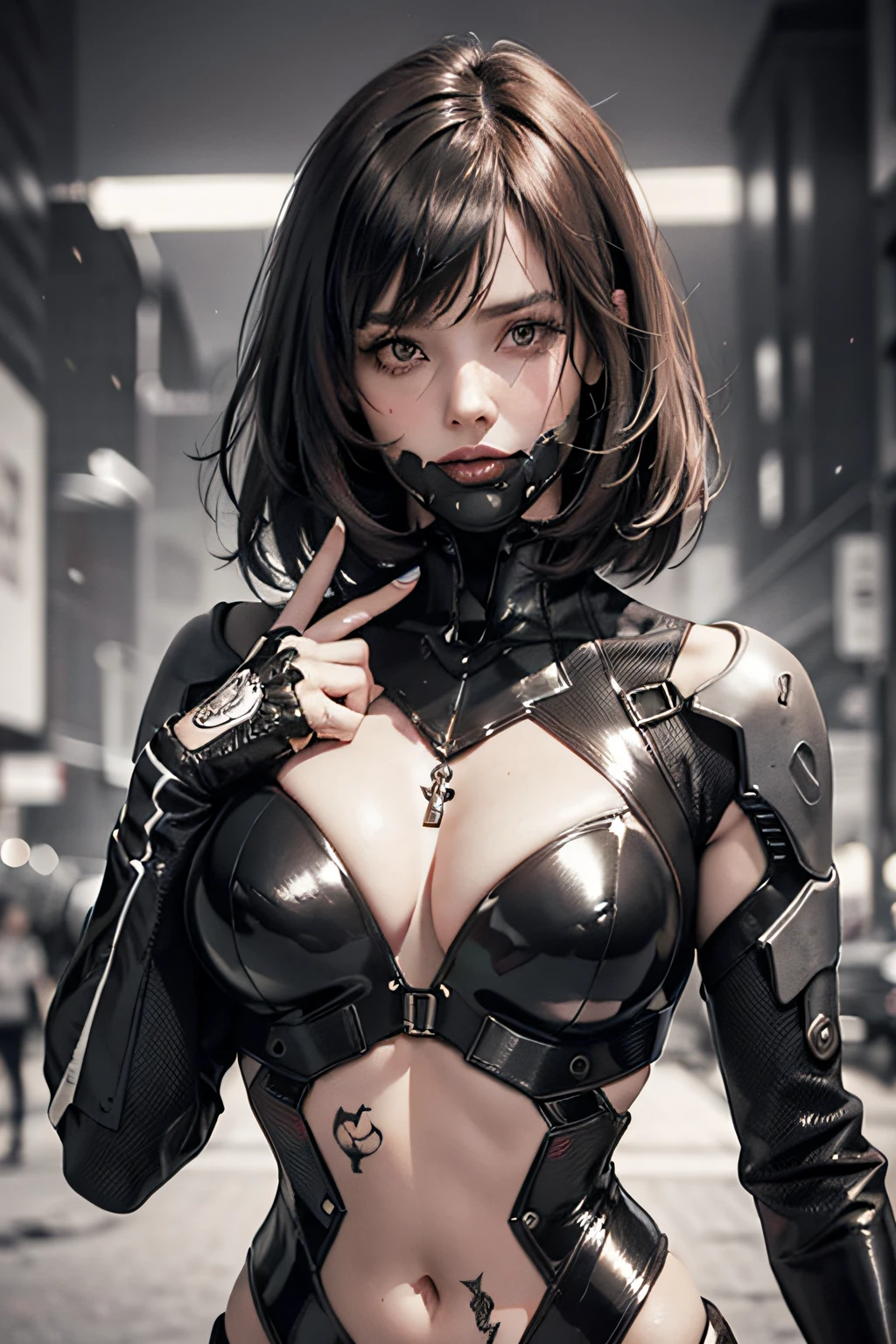 (RAW photo, Highest quality, Masterpiece: 1.2), (Realistic, Photorealistic: 1.4), (Masterpiece: 1.4), (Highest quality: 1.4), (Super detailed), ((High contrast)), (High saturation), (Beautiful detail eyes), ((Very delicate and beautiful)), (lovely hand, Perfect hand), five precise fingers, feminine beautiful fingers, (night cyber city), One girl, Solo, bangs, Asymmetrical bangs, Beautiful detailed glass hair, Blush, tightsuit, Black gloves, chest, Cowboy shot, Outdoor, hair intakes, impossible bodysuit, Impossible clothes, Long hair, Long sleeves, Watch viewer, Big, black leather bikini, cyber suit, Green eyes, shinning clothes, side locks, taut skin, cleavage, belly, Abs, thigh gap, Thighs, little ass, Dark brown hair, (Shiny skin), Realistic, scybernetic_Jawless, mechanicalparts, scybernetic, urbansamurai_v0.3, deactivated_robot, robot, mechaware, big tattoo on bare skin