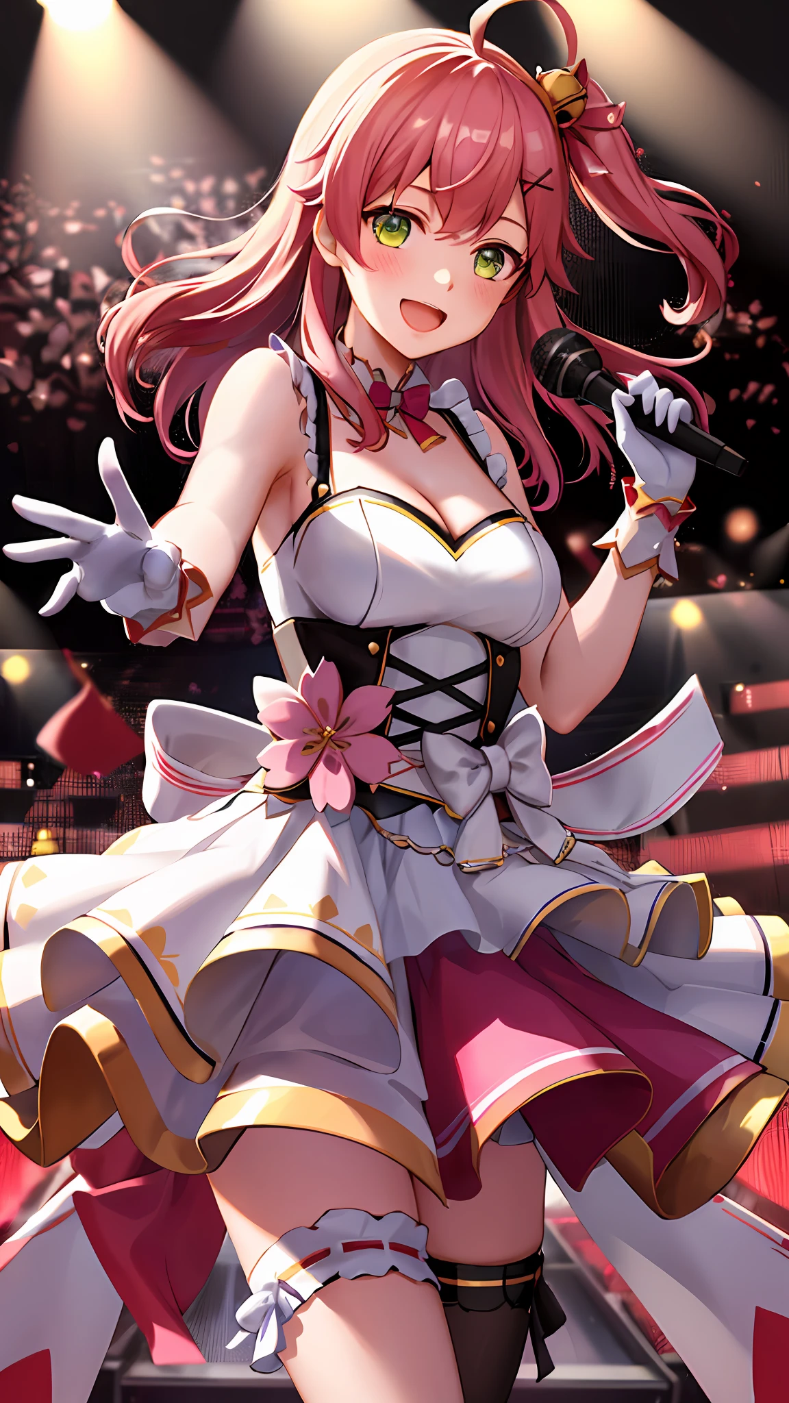 masterpiece, best quality, highres, miko4, 1girl, hololive idol uniform, sakura miko, idol clothes, green eyes, ahoge, pink hair, solo, x hair ornament, hairclip, single thighhigh, white gloves, long hair, floral print, bell, hair bell, cleavage, pink thighhighs, one side up, on the stage, microphone, smile, open mouth,  blush, show teeth,