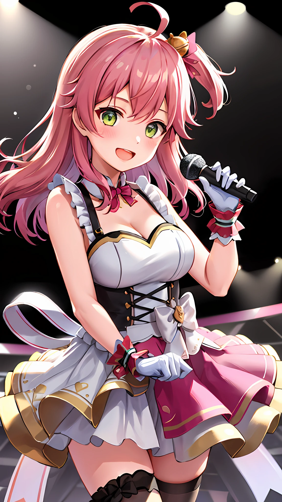 masterpiece, best quality, highres, miko4, 1girl, hololive idol uniform, sakura miko, idol clothes, green eyes, ahoge, pink hair, solo, x hair ornament, hairclip, single thighhigh, white gloves, long hair, floral print, bell, hair bell, cleavage, pink thighhighs, one side up, on the stage, microphone, smile, open mouth,  blush, show teeth,