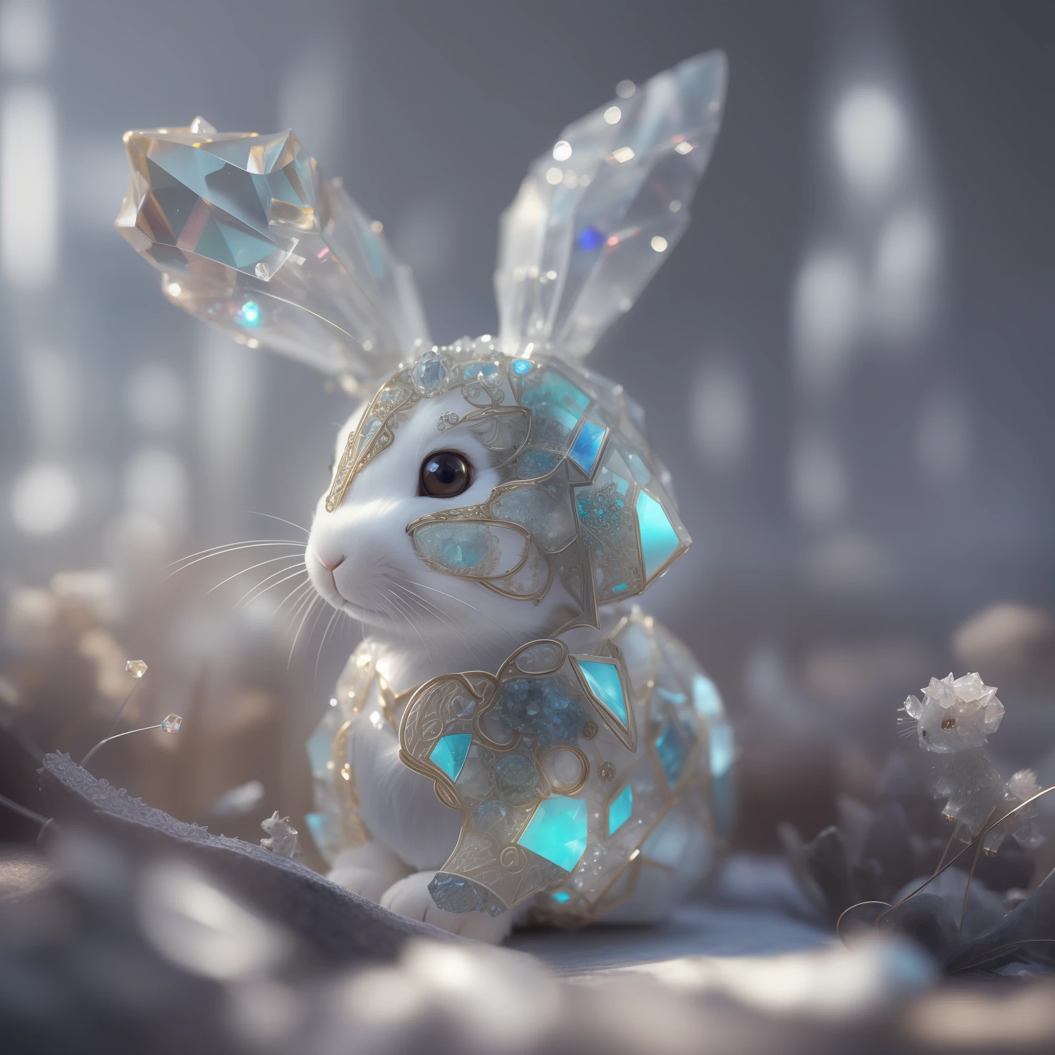 A cute rabbit made of crystal, 4K, (cyborg:1.1), ([tail|detail wire]:1.3), (intricate detail), hdr, (intricate detail, super detail:1.2), cinematography, vignetting, centering