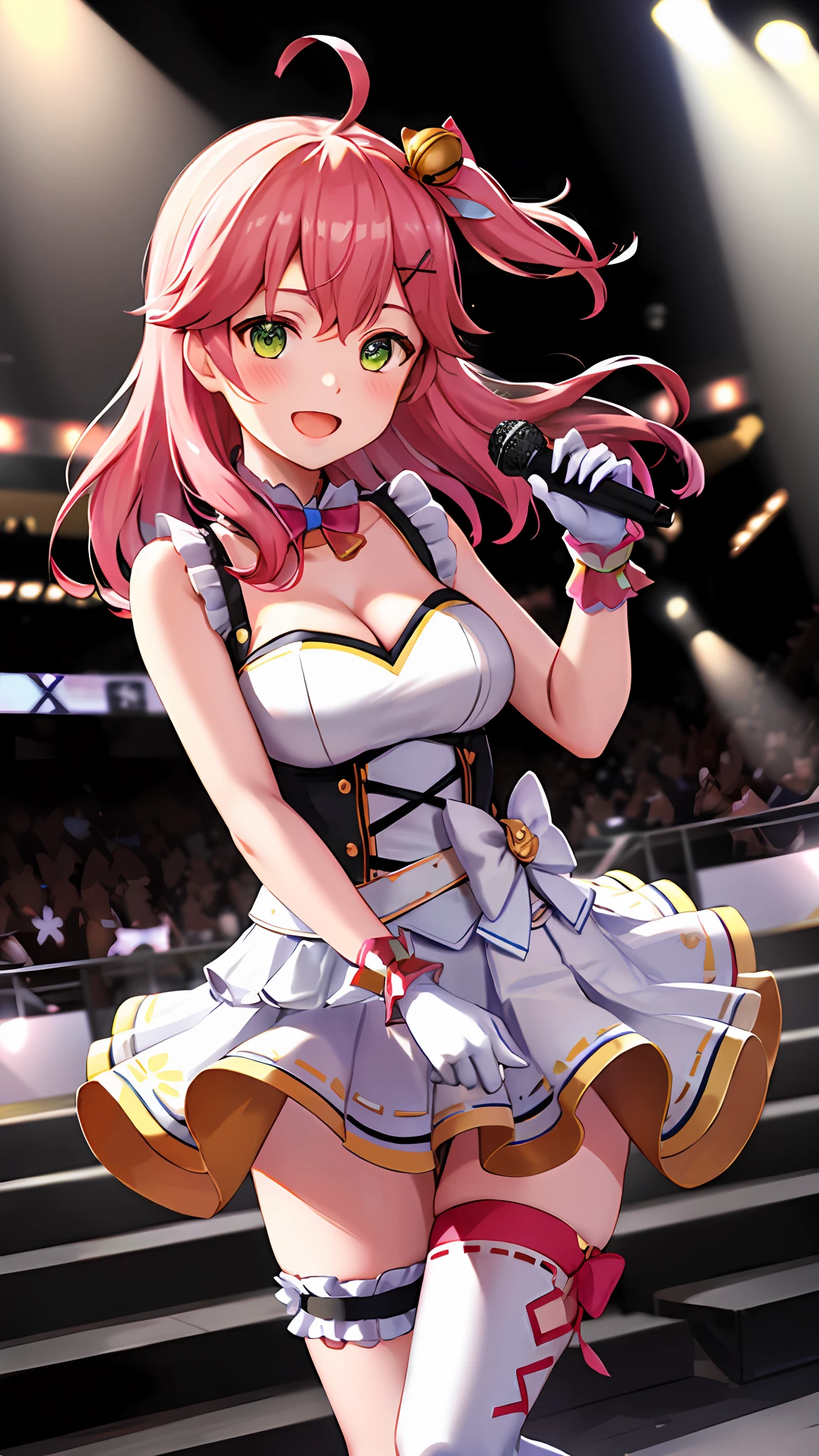 masterpiece, best quality, highres, miko4, 1girl, hololive idol uniform, sakura miko, idol clothes, green eyes, ahoge, pink hair, solo, x hair ornament, hairclip, single thighhigh, white gloves, long hair, floral print, bell, hair bell, cleavage, pink thighhighs, one side up, on the stage, microphone, smile, open mouth, blush, show teeth,