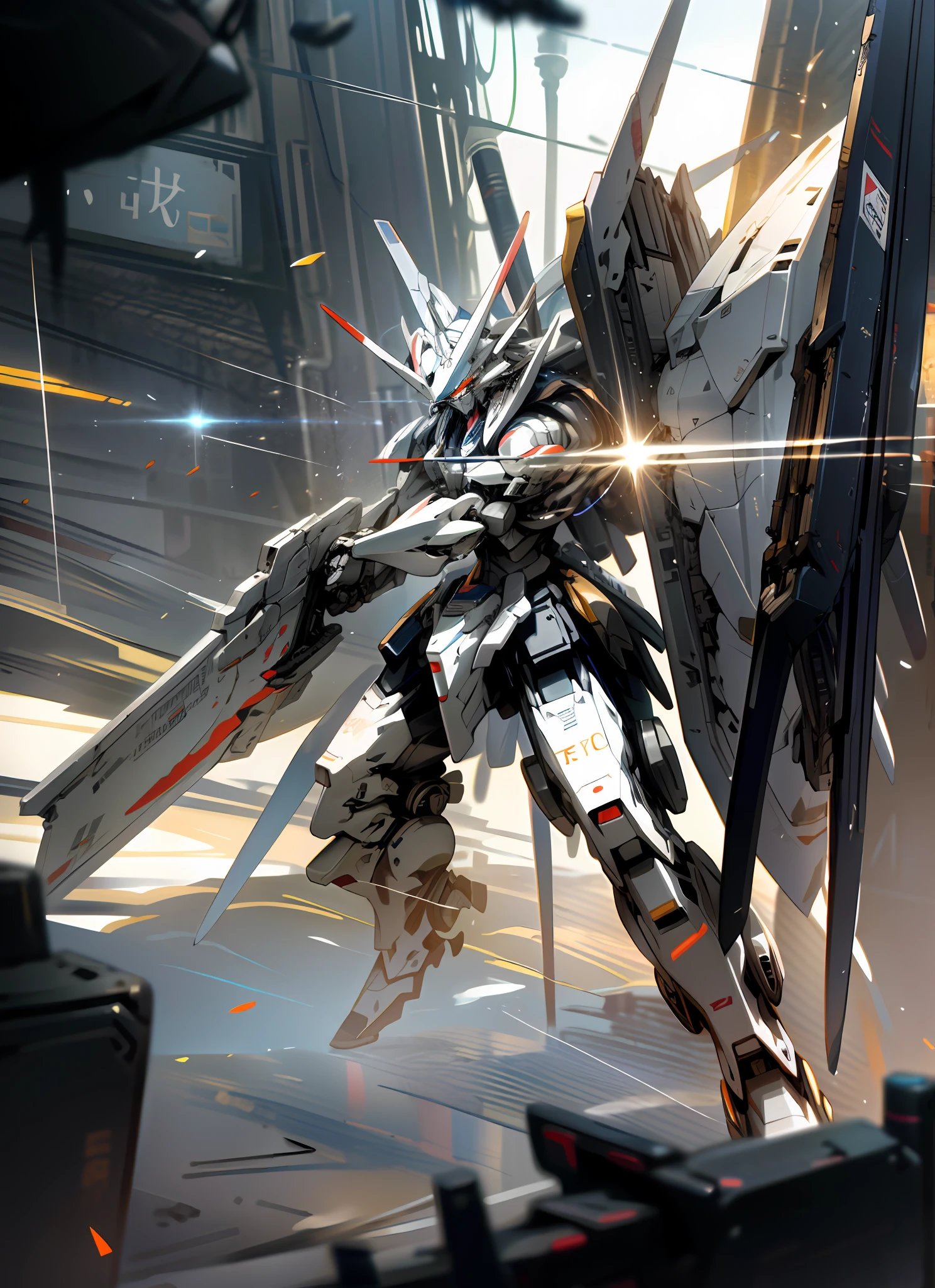 Surrealism, ray tracing, UHD, high details, 8k, best quality, textured skin, Gundam mech, masterpiece, best quality, mecha, unmanned, (full body), (white mech: 1.5), (axisymmetric: 1.4), (HDR), (movie light: 1.1), white eyes, cool, science fiction, fire, laser cannon beam, war, conflict, destroyed city background handheld weapon, (Holding a huge weapon: 1.5), holding an oversized shield, mech man,