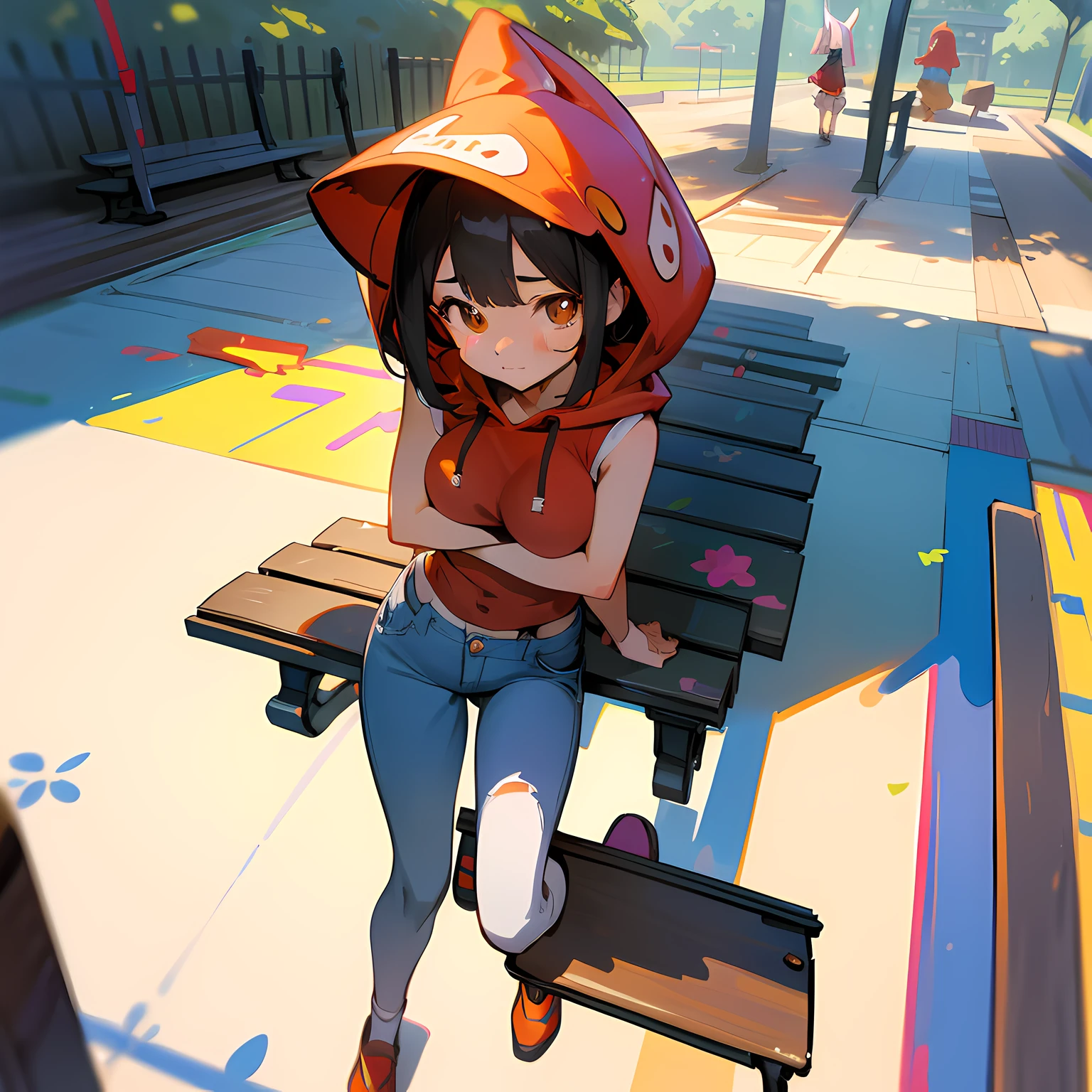 One girl. (masutepiece, of the highest quality, Kyoto Animation Style Illustration, of the highest quality, Official art, aesthetics, Beautiful details, :1. 2), BREAK, (17 years old girl), Very detailed, colourfull, highest details, BREAK, (????????????: 1. 2,), Clear skin, Beautiful skin, Shy skin, with fringes, 1 beautiful girl, (17 years old girl), Very detailed, colourfull, highest details, BREAK, (girl, Cute, Cheerful, Loli face, A dark-haired、a short bob、tareme, gleaming skin, Hugging a stuffed rabbit, Playboy Bunny, Solo, (Jeans shorts:1.1),(Red Sleeveless Hoodie:1.2),BREAK,Walking,Surprised face when meeting an acquaintance,BREAK,(In the room of the park:1.3),(blocky, Benches, seesaw:1.5),( A few schoolchildren),window,