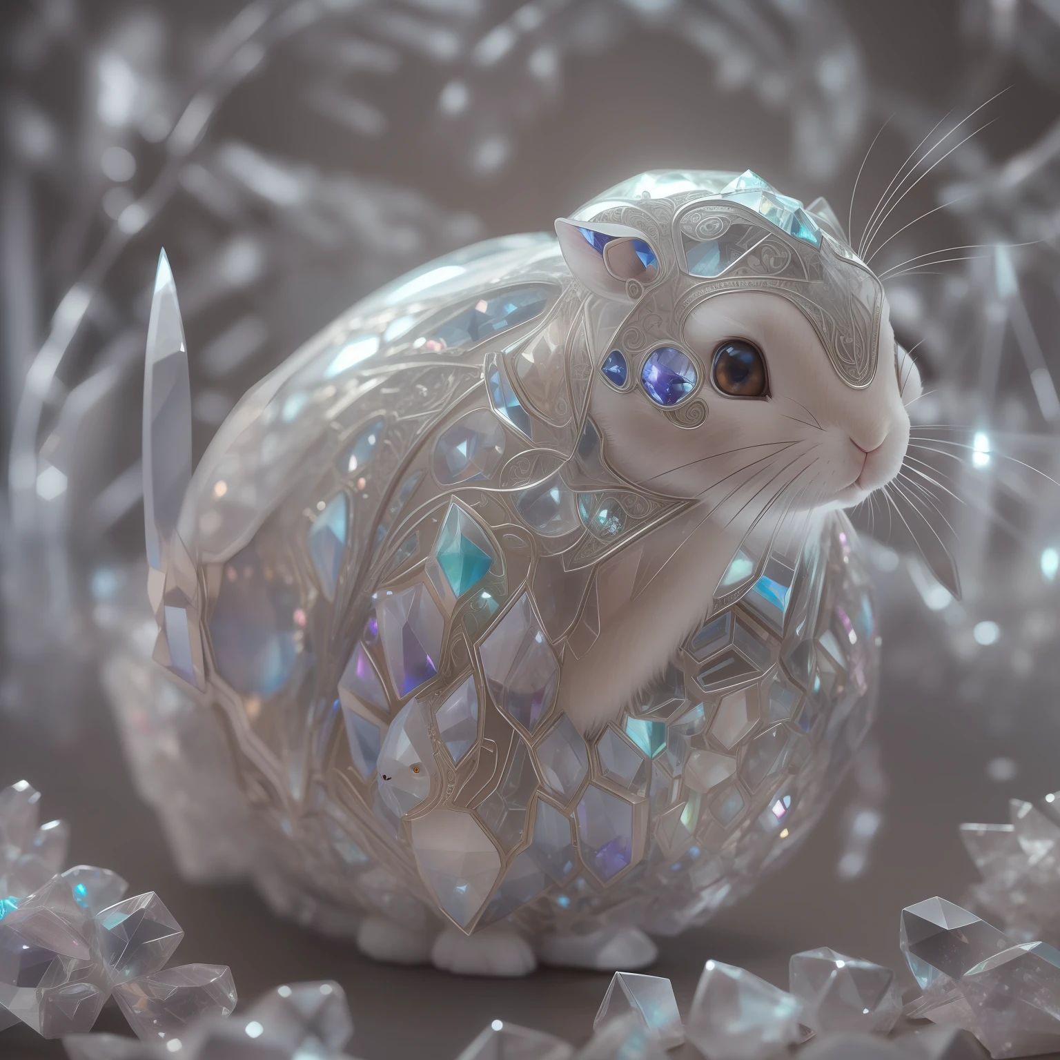 A cute rabbit made of crystal, 4K, (cyborg:1.1), ([tail|detail wire]:1.3), (intricate detail), hdr, (intricate detail, super detail:1.2), cinematography, vignetting, centering